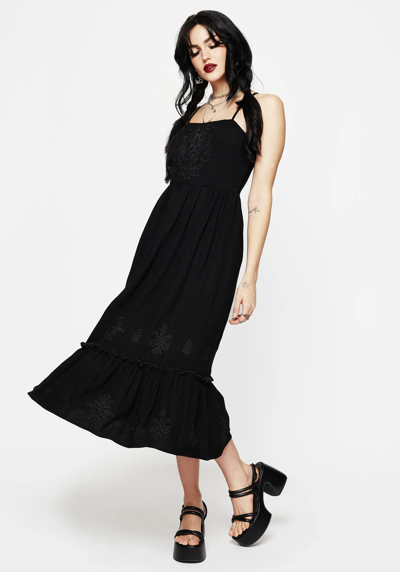 Cordata Embroidered Cami Midi Smock Dress Soft Draping Cool Elegance
