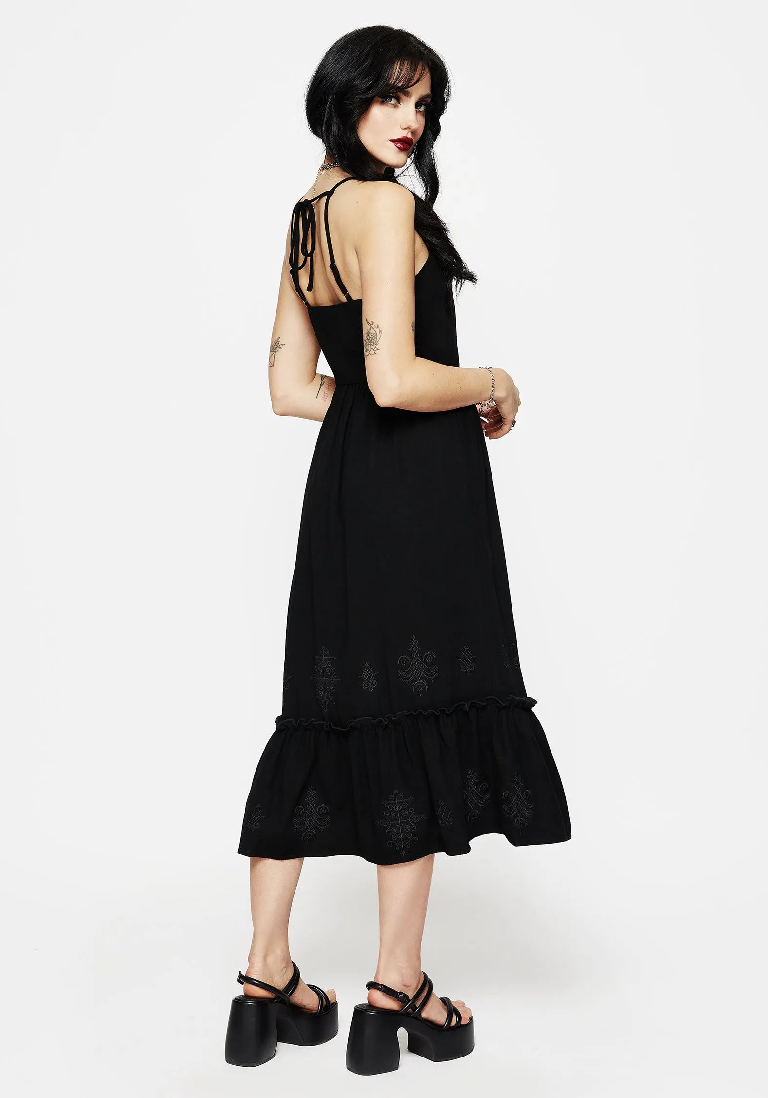 Belt Waist Cordata Embroidered Cami Midi Smock Dress