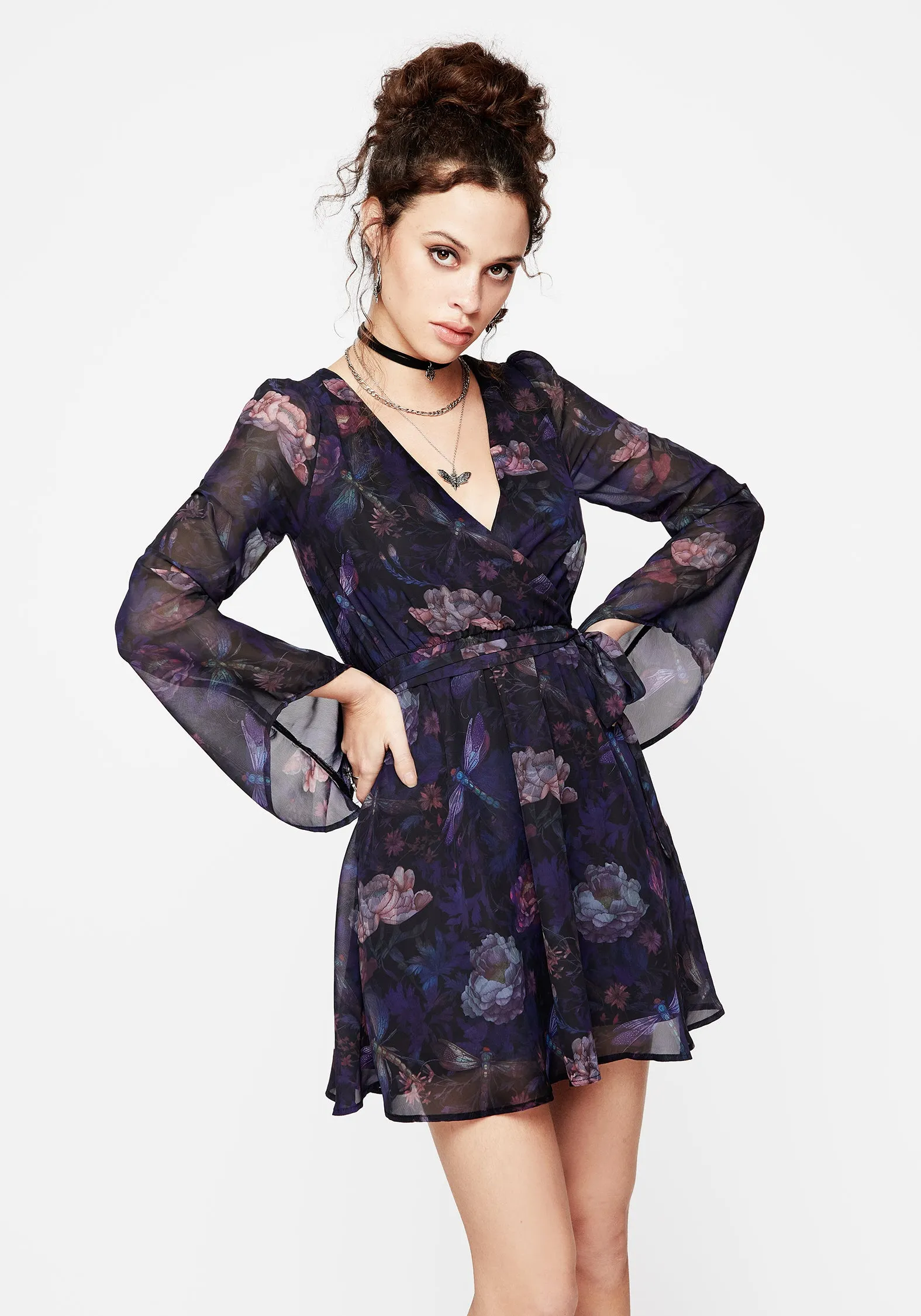 Dragonfly Floral Print Flute Sleeve Chiffon Mini Dress Daily Chic Mermaid-Hem