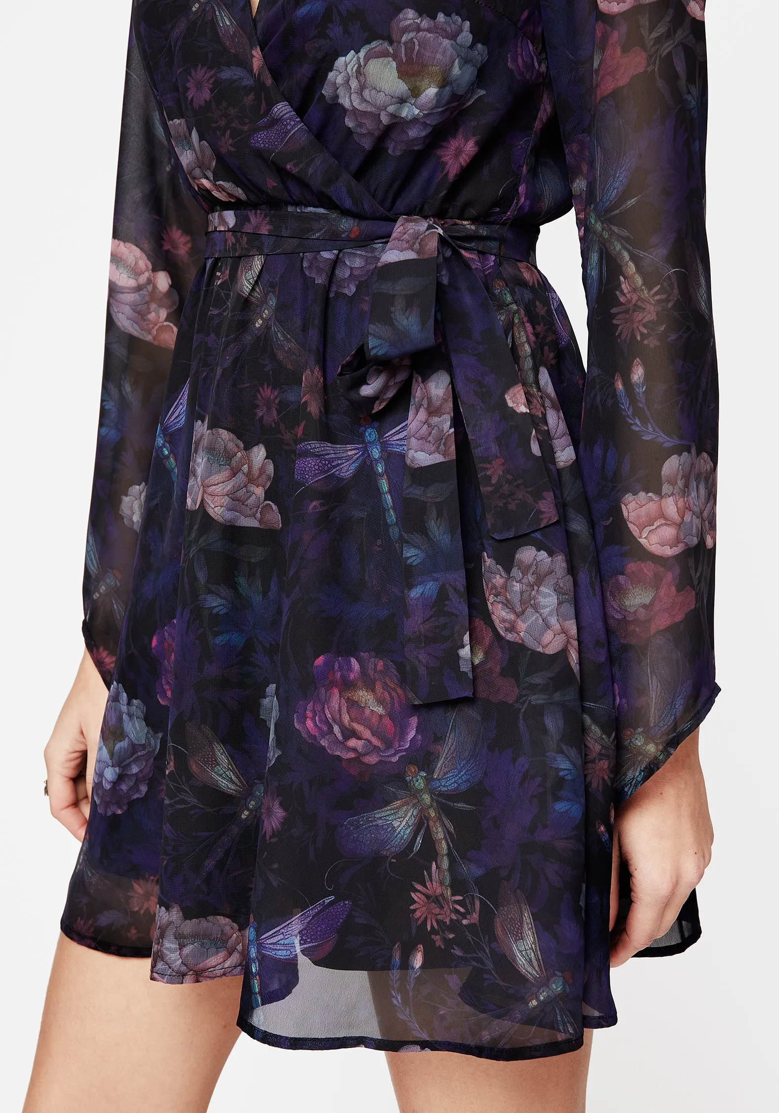 Dragonfly Floral Print Flute Sleeve Chiffon Mini Dress Soft Presence