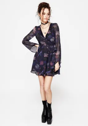 Dragonfly Floral Print Flute Sleeve Chiffon Mini Dress Chill Fashion