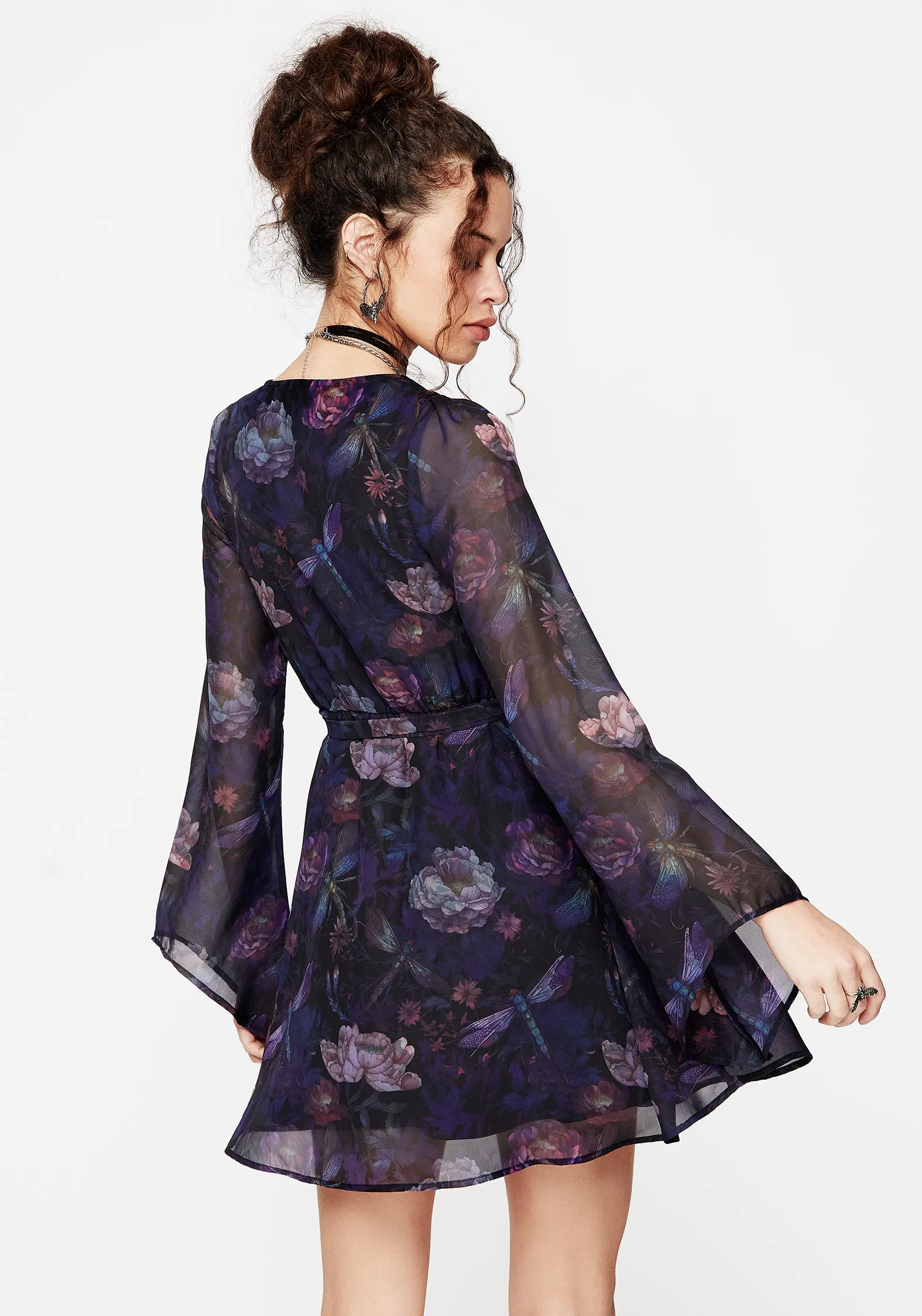 Quiet Luxury Cap-Sleeve Dragonfly Floral Print Flute Sleeve Chiffon Mini Dress