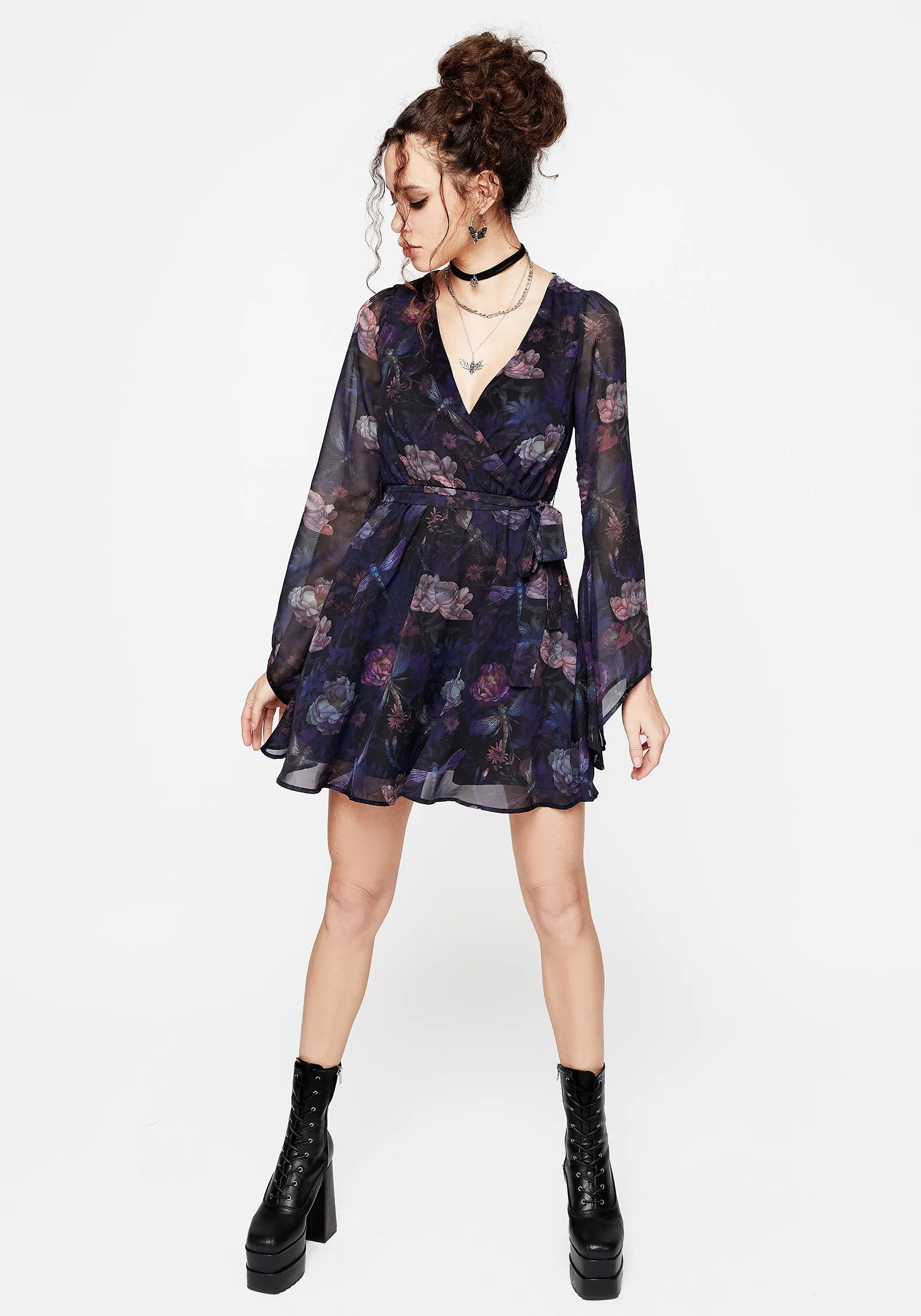 Sophisticated Fit Dragonfly Floral Print Flute Sleeve Chiffon Mini Dress