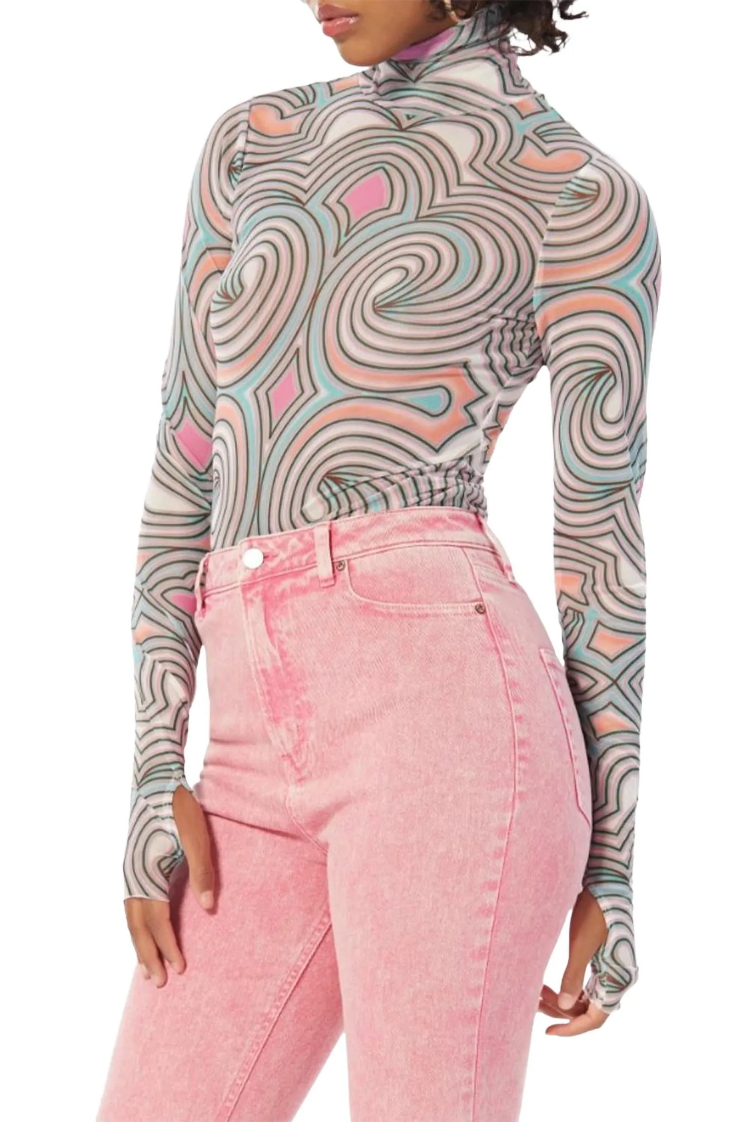 Zadie Power Mesh Turtleneck Top In Pastel Geo Versatile Piece Cozy Knit Style