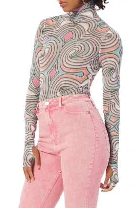 Warm And Comfortable Casual Style Zadie Power Mesh Turtleneck Top In Pastel Geo