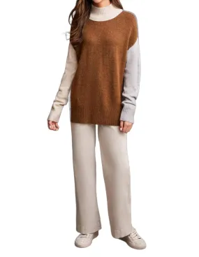 Comfy Touch Mock Neck Colorblock Sweater In Heathered Walnut