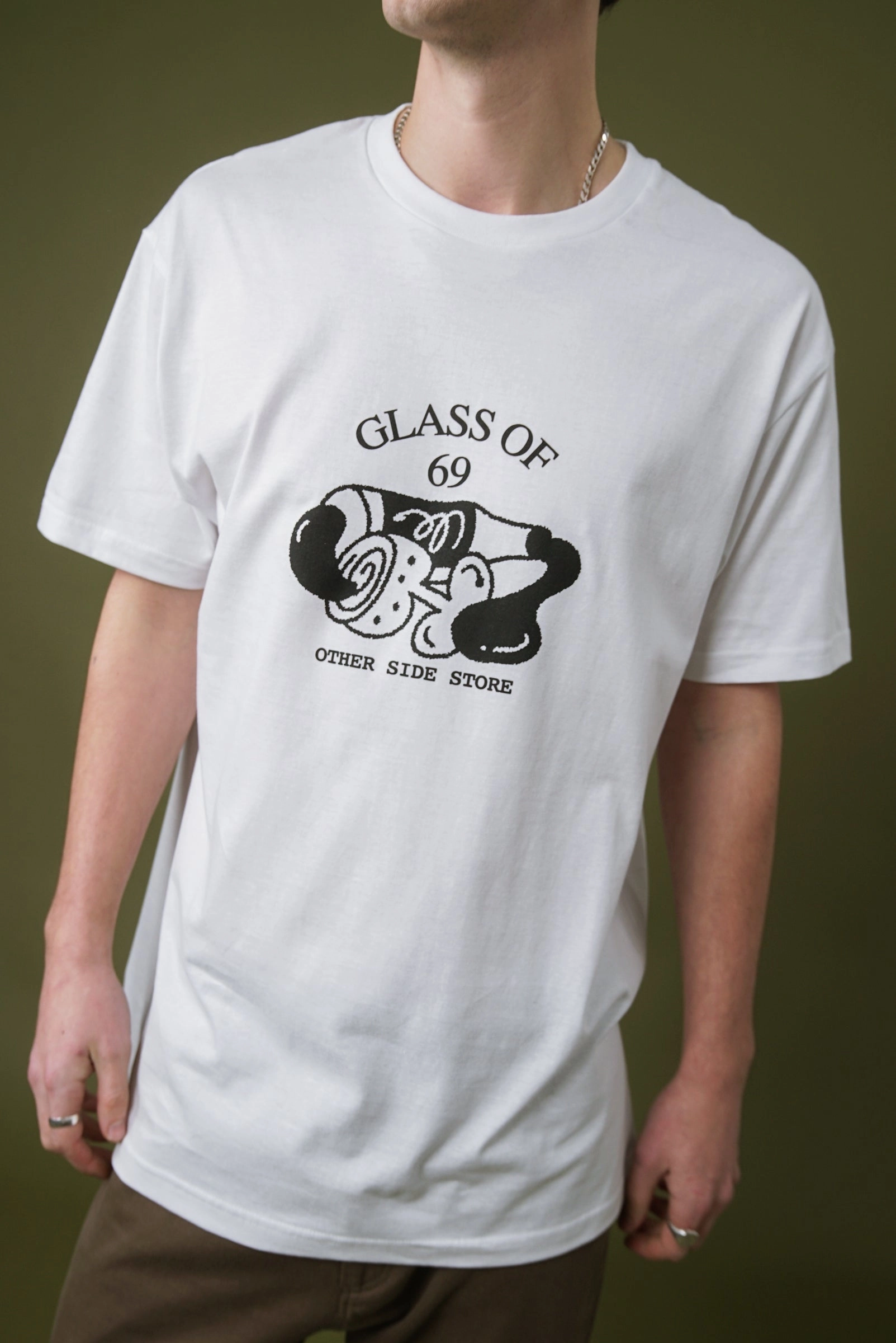 Relaxed and Easy Other Side Store 'Glass of 69' Tee - White