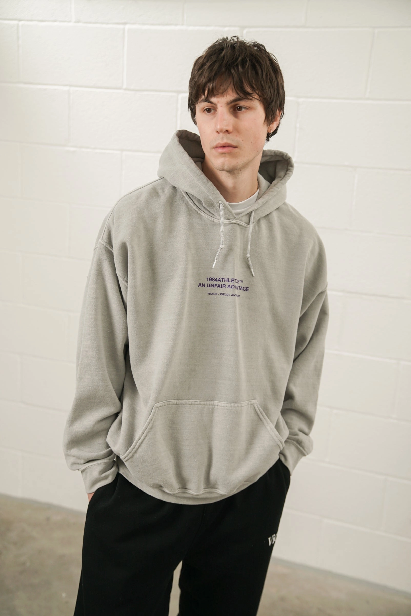 Sleeve Detail Vice 84 'Athletics' Vintage Washed Hoodie - Ash