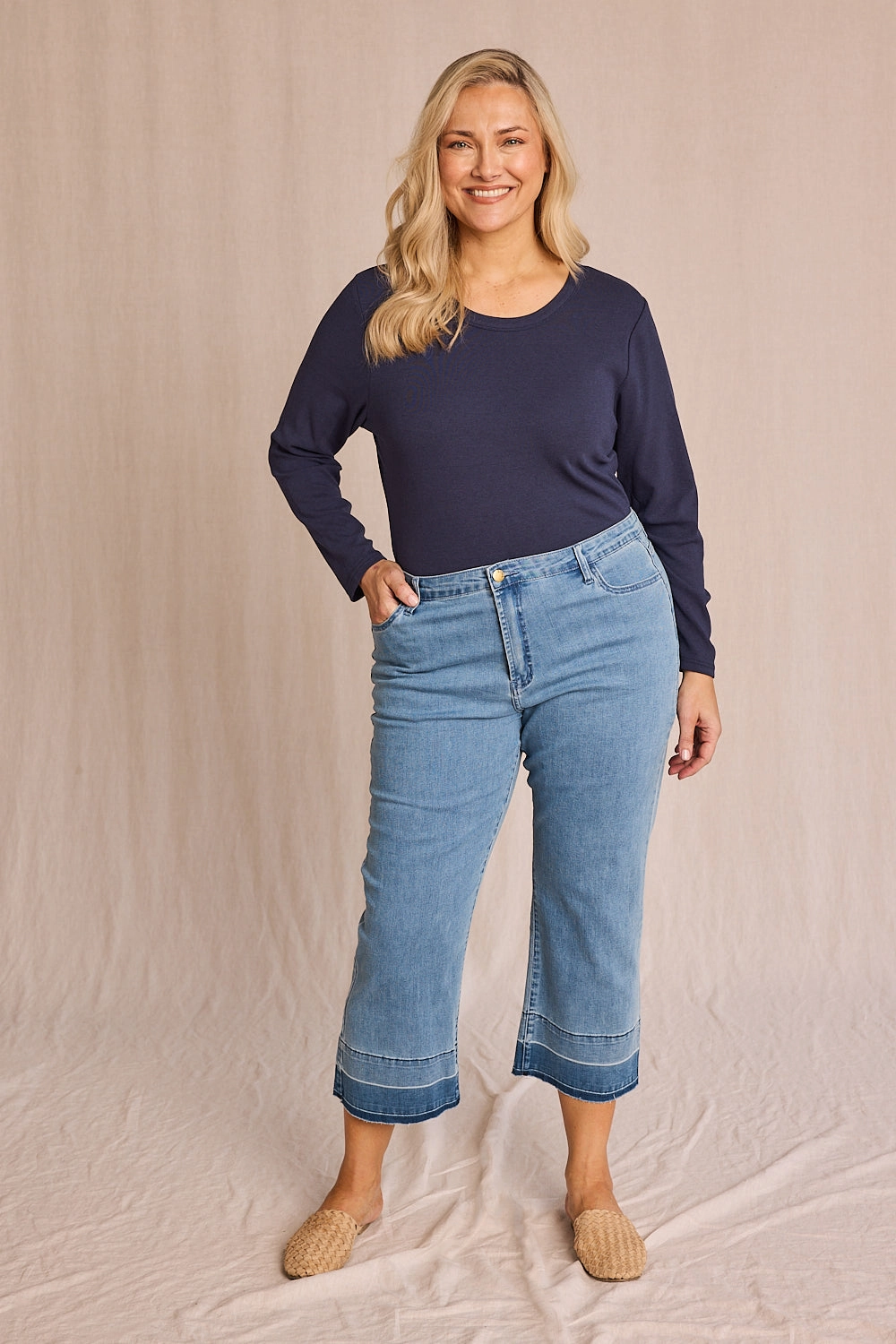 Adrift Denim Cropped Straight Leg Jeans in Light Wash Sandblasted Finish Student Outfit Work Ready
