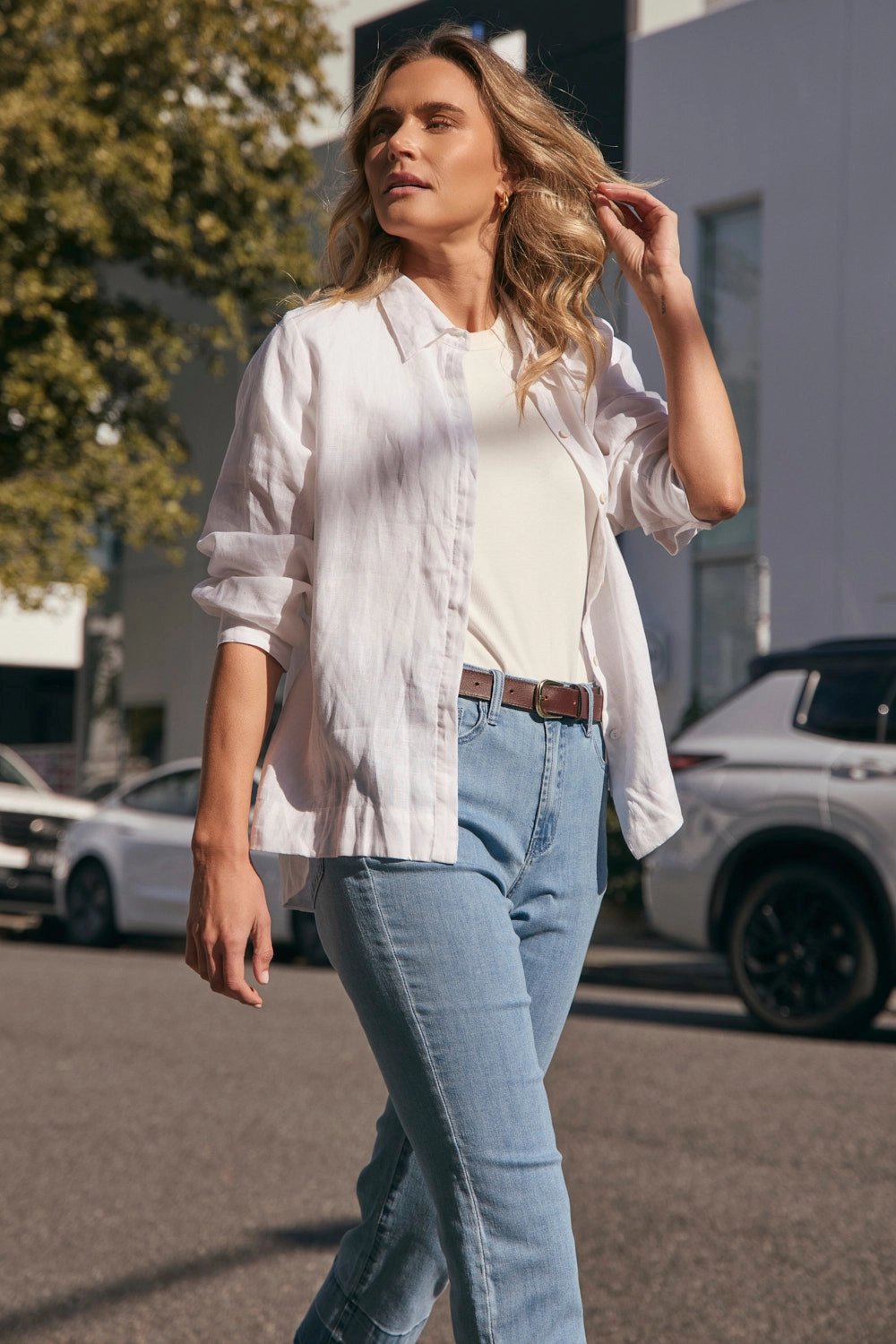 Adrift Denim Cropped Straight Leg Jeans in Light Wash Non Fade Fabric Timeless Cut