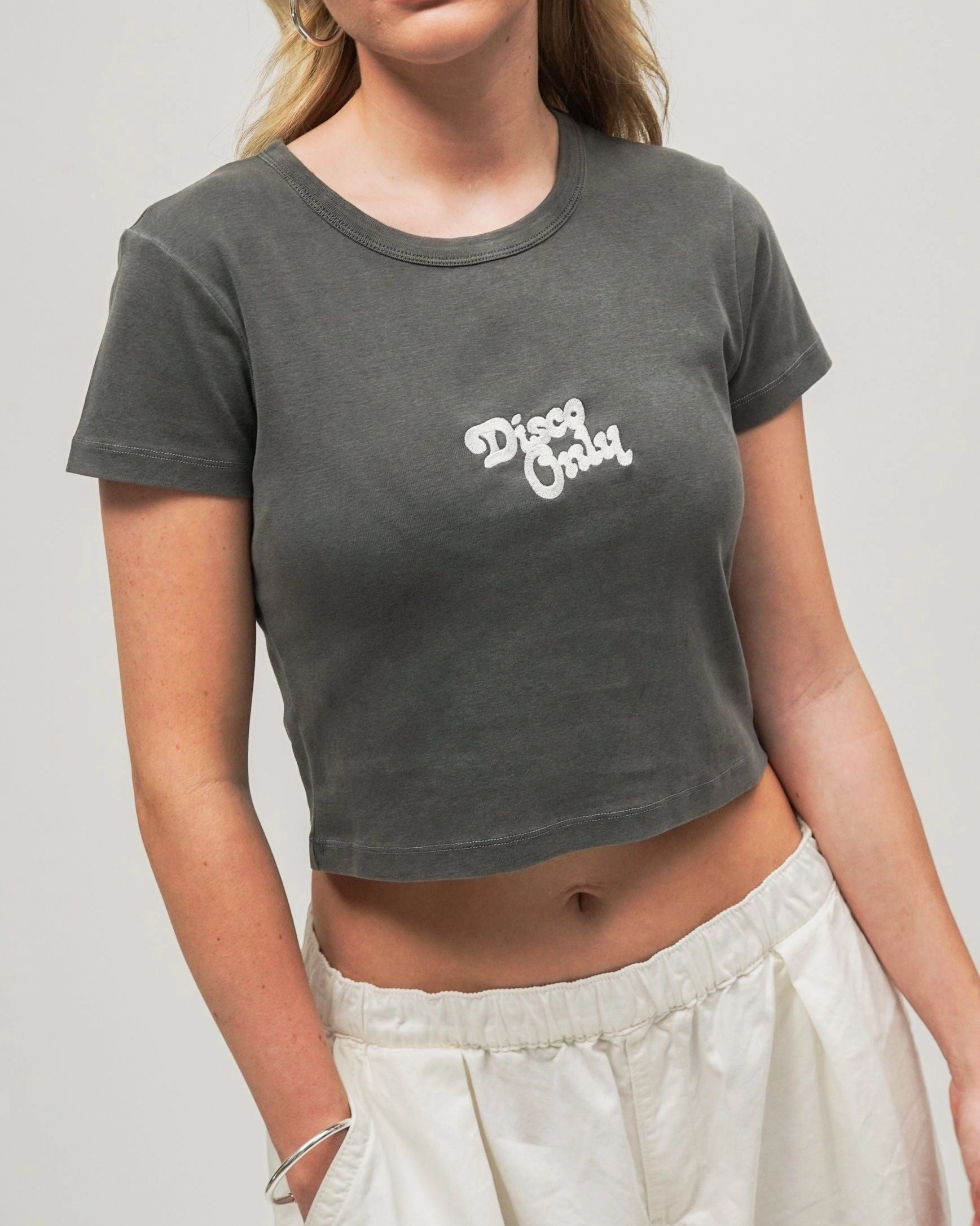 Subtle Logo Placement Disco Only 'Logo' Vintage Washed Baby Tee - Black