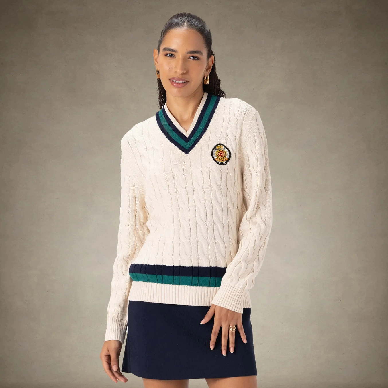 Women's Cable Knit Cricket Sweater Ventilated Underarm Winter Comfort