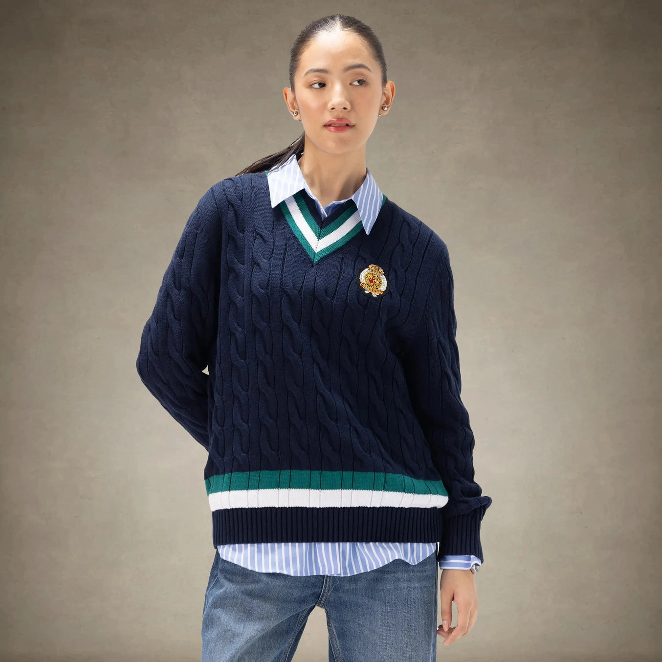 Recycled Material Blend Knit texture Women's Cable Knit Cricket Sweater