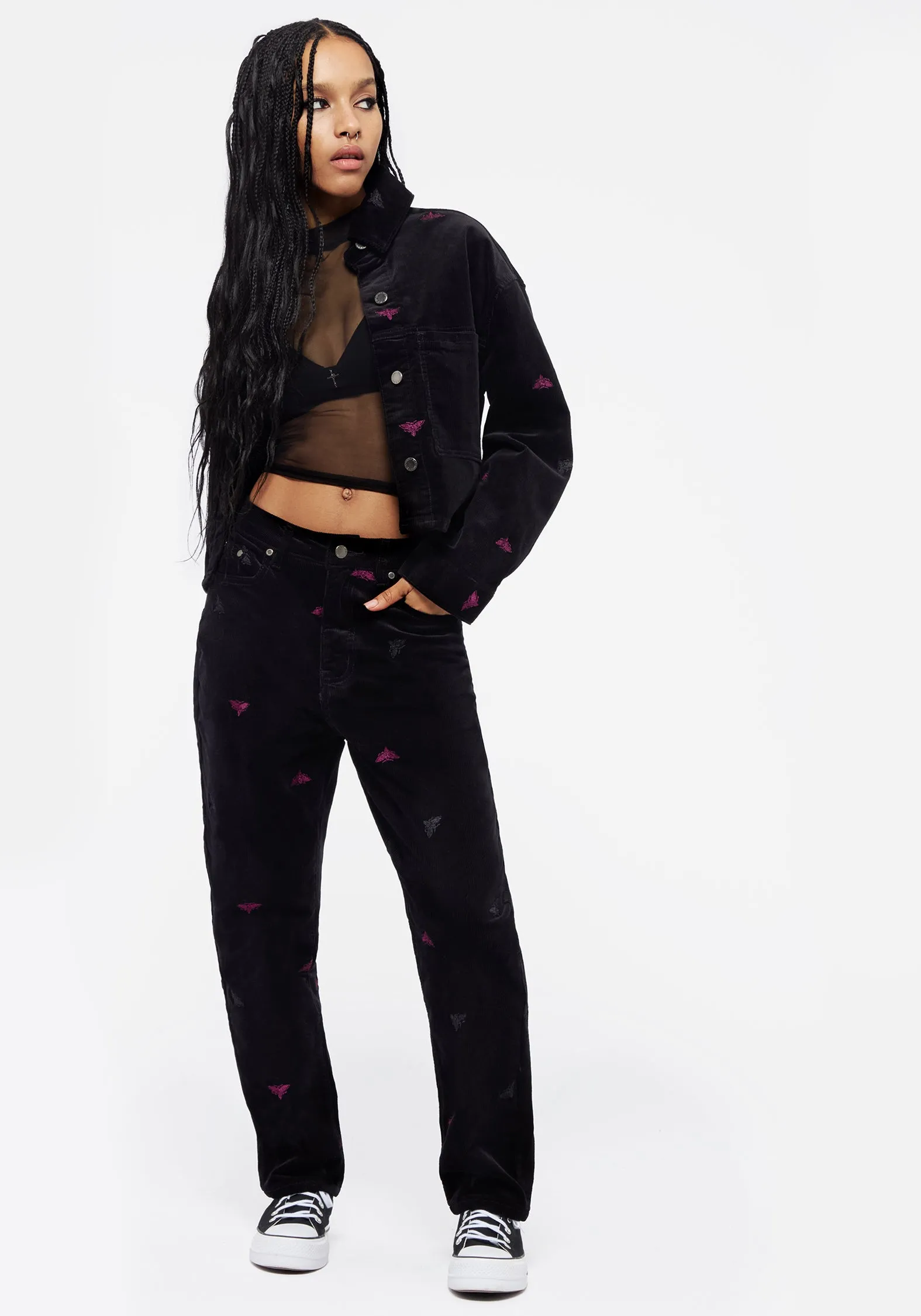 Softshell Fabric Styx Moth Embroidered Cord Shacket