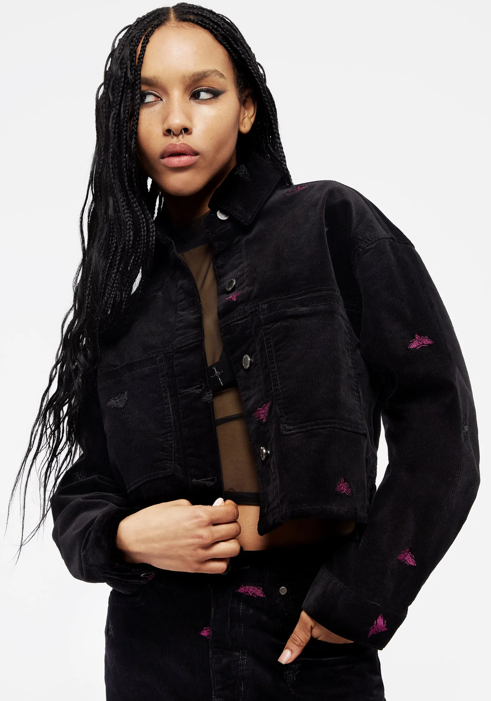 Ultra Soft Brushed Interior Styx Moth Embroidered Cord Shacket