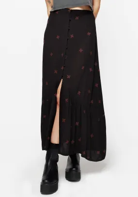 Striped Design Celebrity Style Sublime Witches Knot Embroidered Button Down Midaxi Skirt