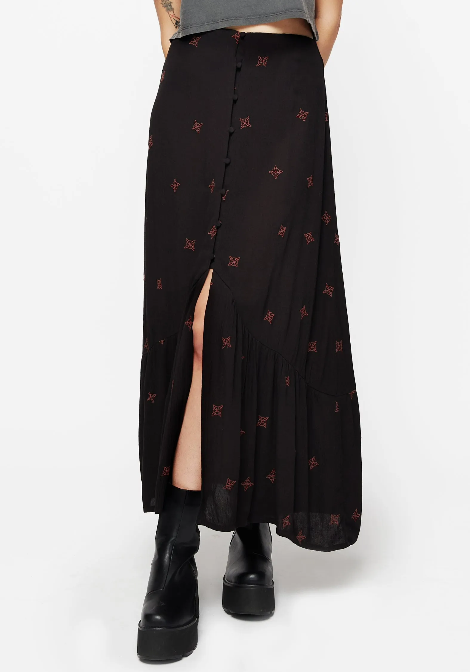 Striped Design Celebrity Style Sublime Witches Knot Embroidered Button Down Midaxi Skirt
