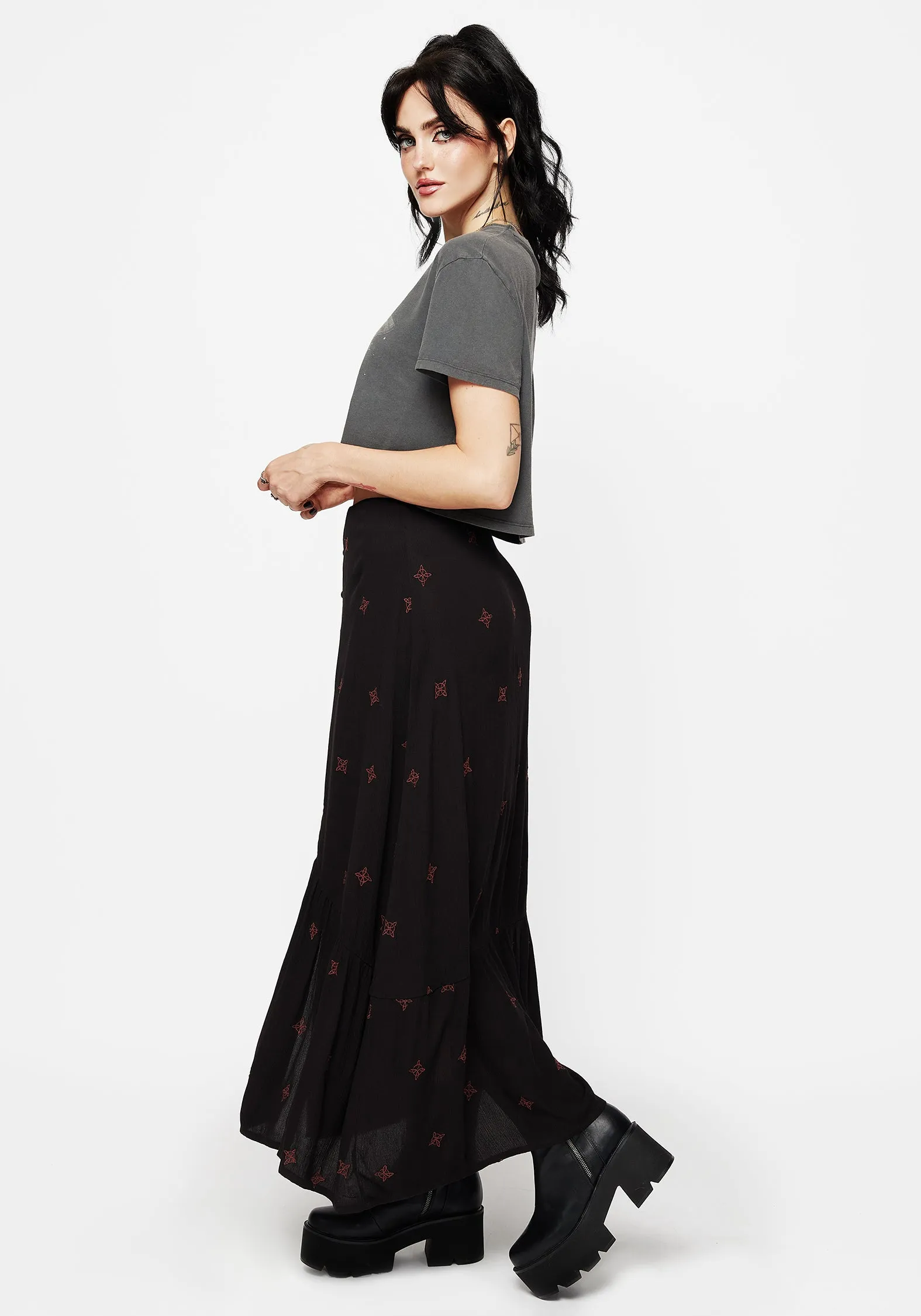 Bold Finish Trendy Mood Sublime Witches Knot Embroidered Button Down Midaxi Skirt
