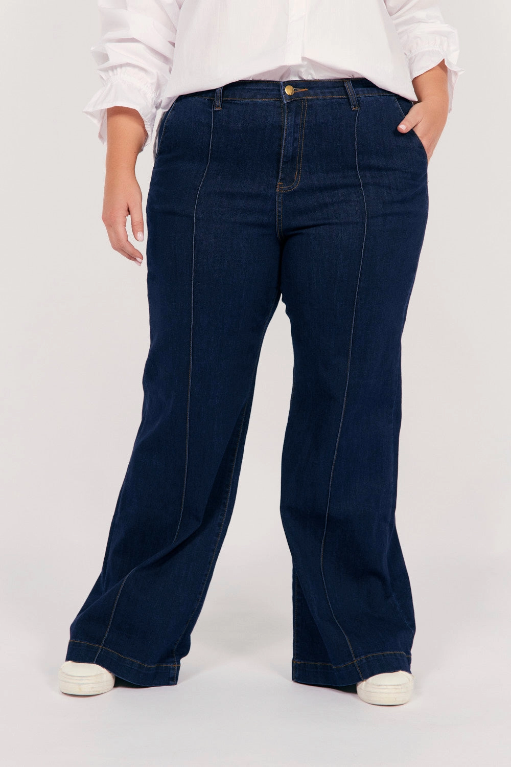 Adrift Denim Wide Leg Jeans in Dark Wash Weighted Hemline Loose Textured Travel Outfit