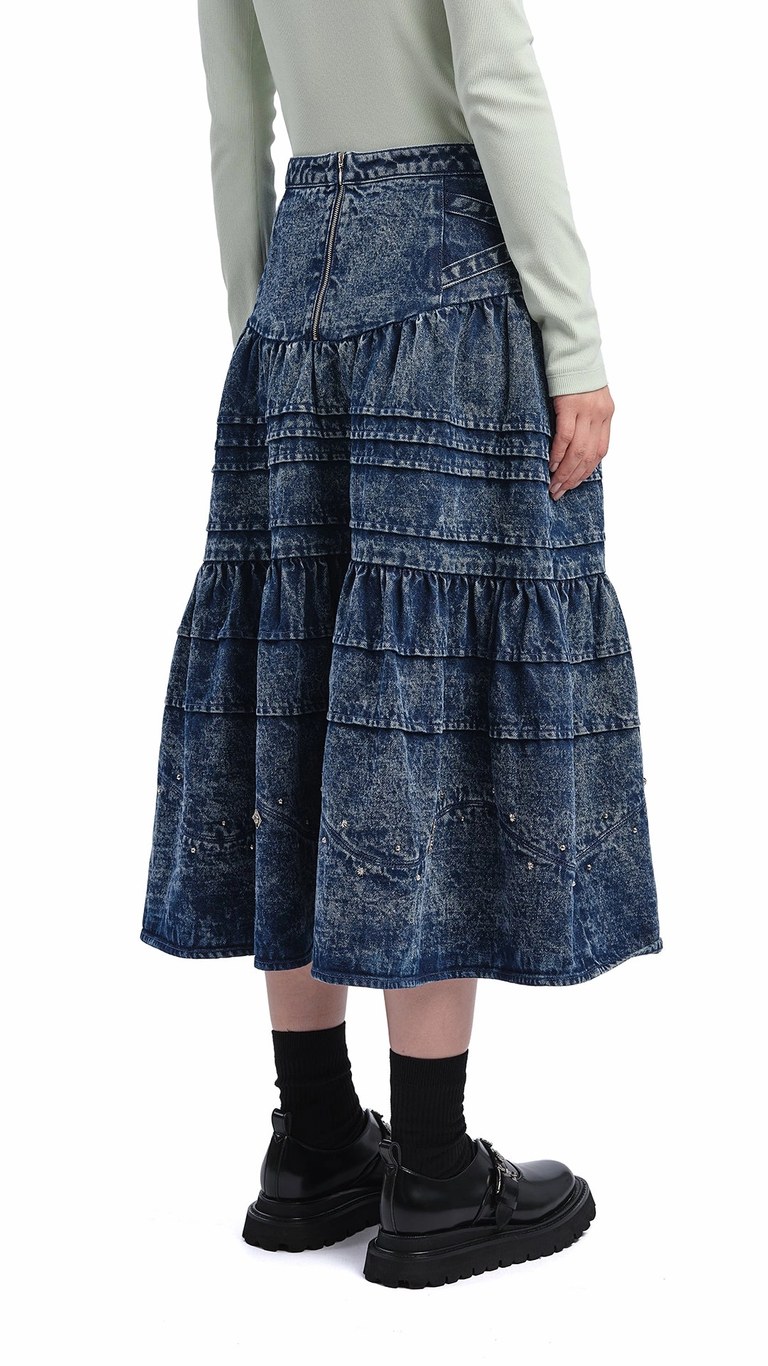 Runway Inspired Lightweight Lining Stone-Washed Studded Denim Skirt