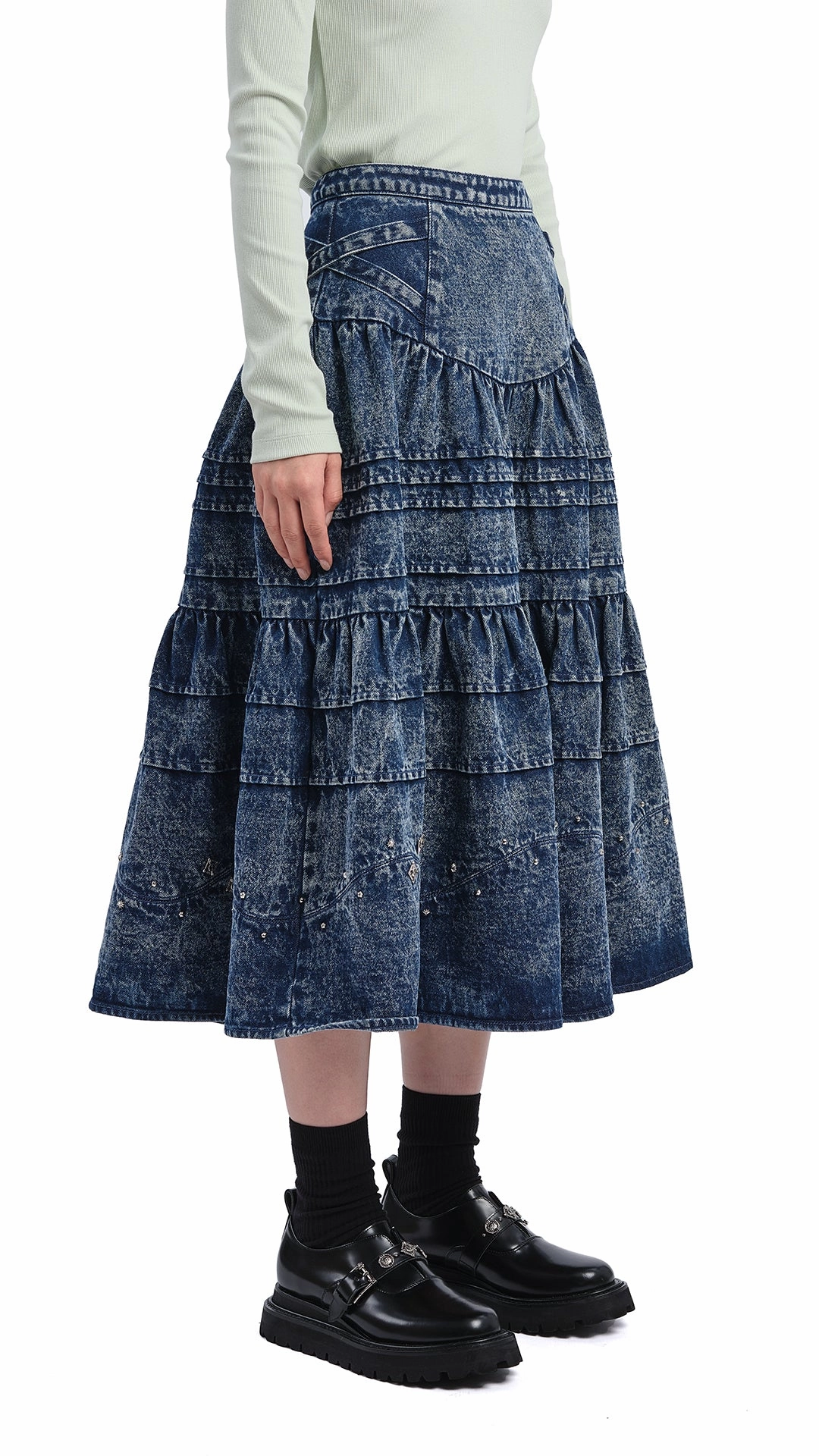 Light Mood Stone-Washed Studded Denim Skirt