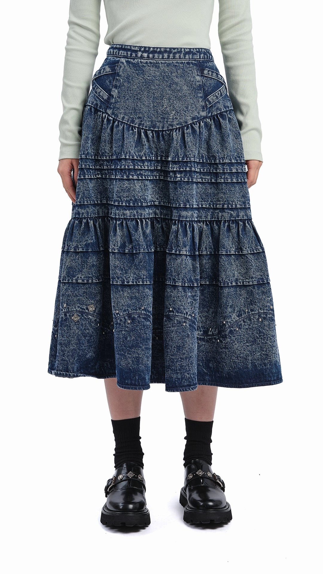 Stone-Washed Studded Denim Skirt Light Touch