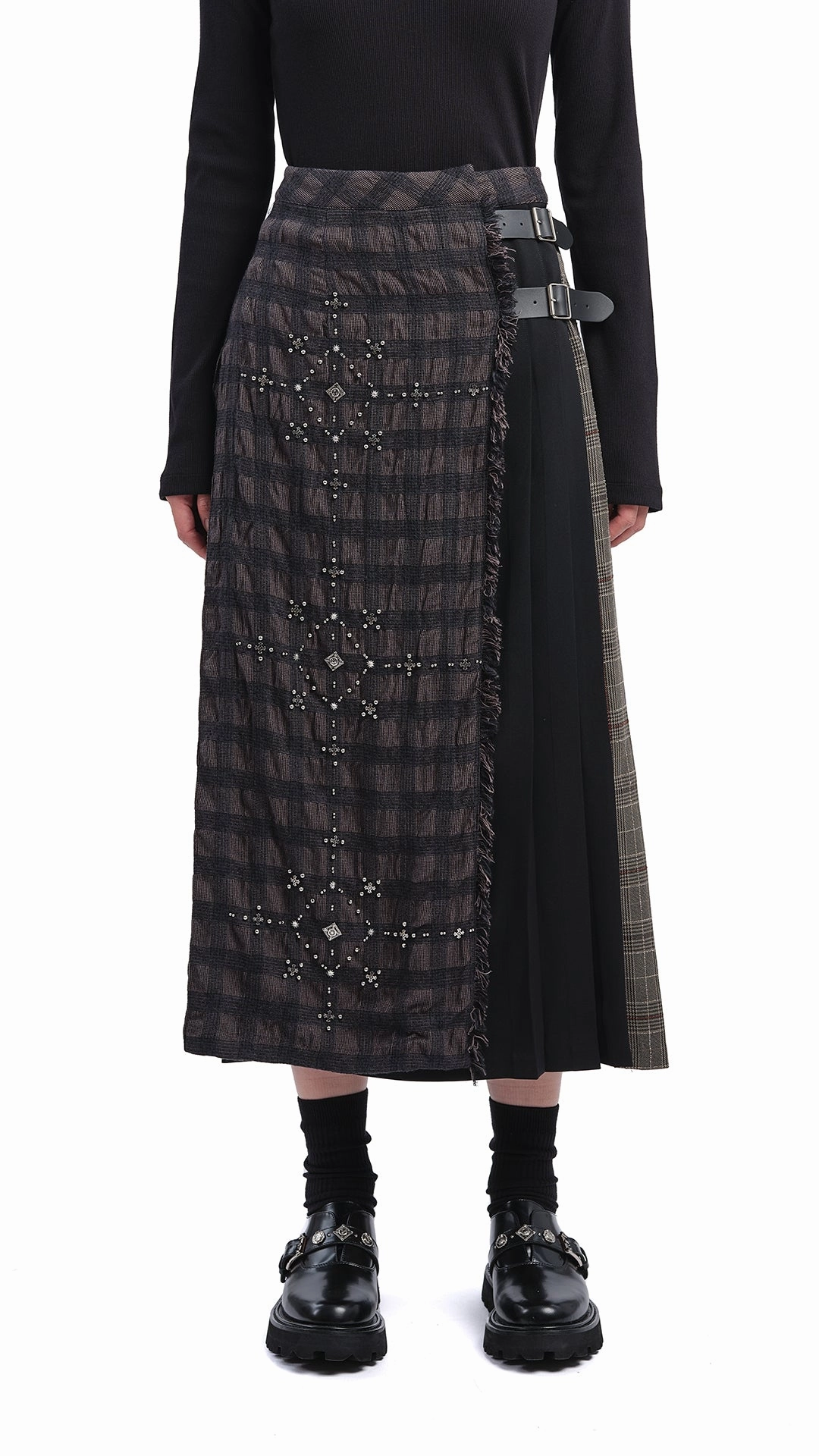 Inverted Pleats Style Layering Checker Studs Hostess Skirt