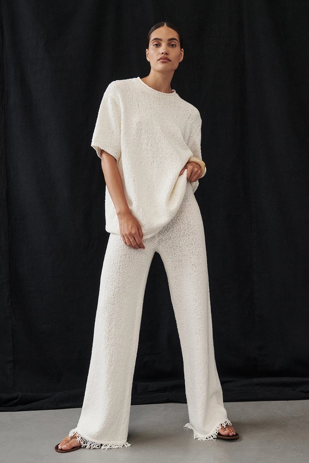 Durable Utility FrictionResistantEdging SUE OFF WHITE FRINGE KNIT PANT
