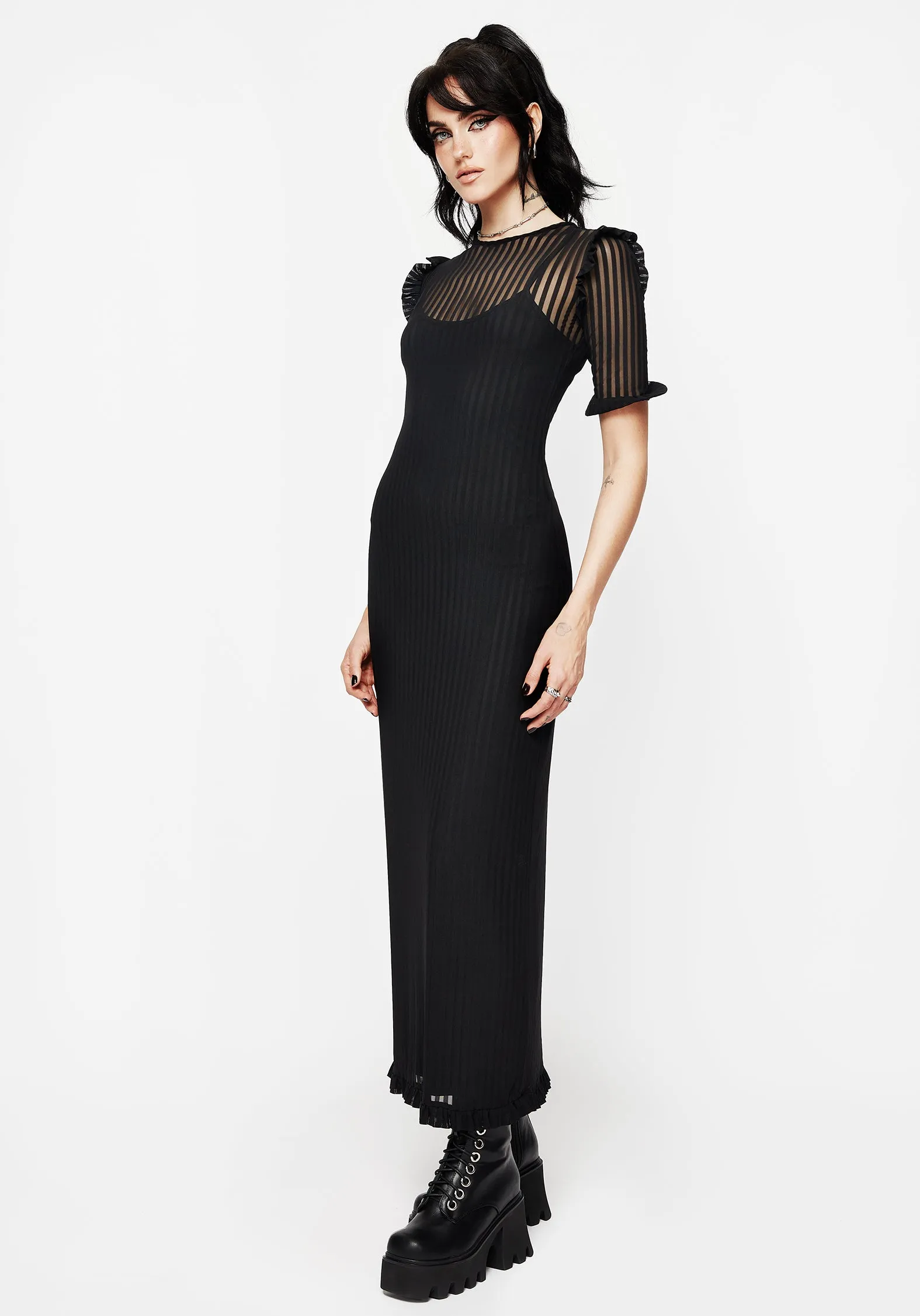 Mourning Ruffle Detail Mesh Short Sleeve Maxi Dress Power Soft Simple Shape