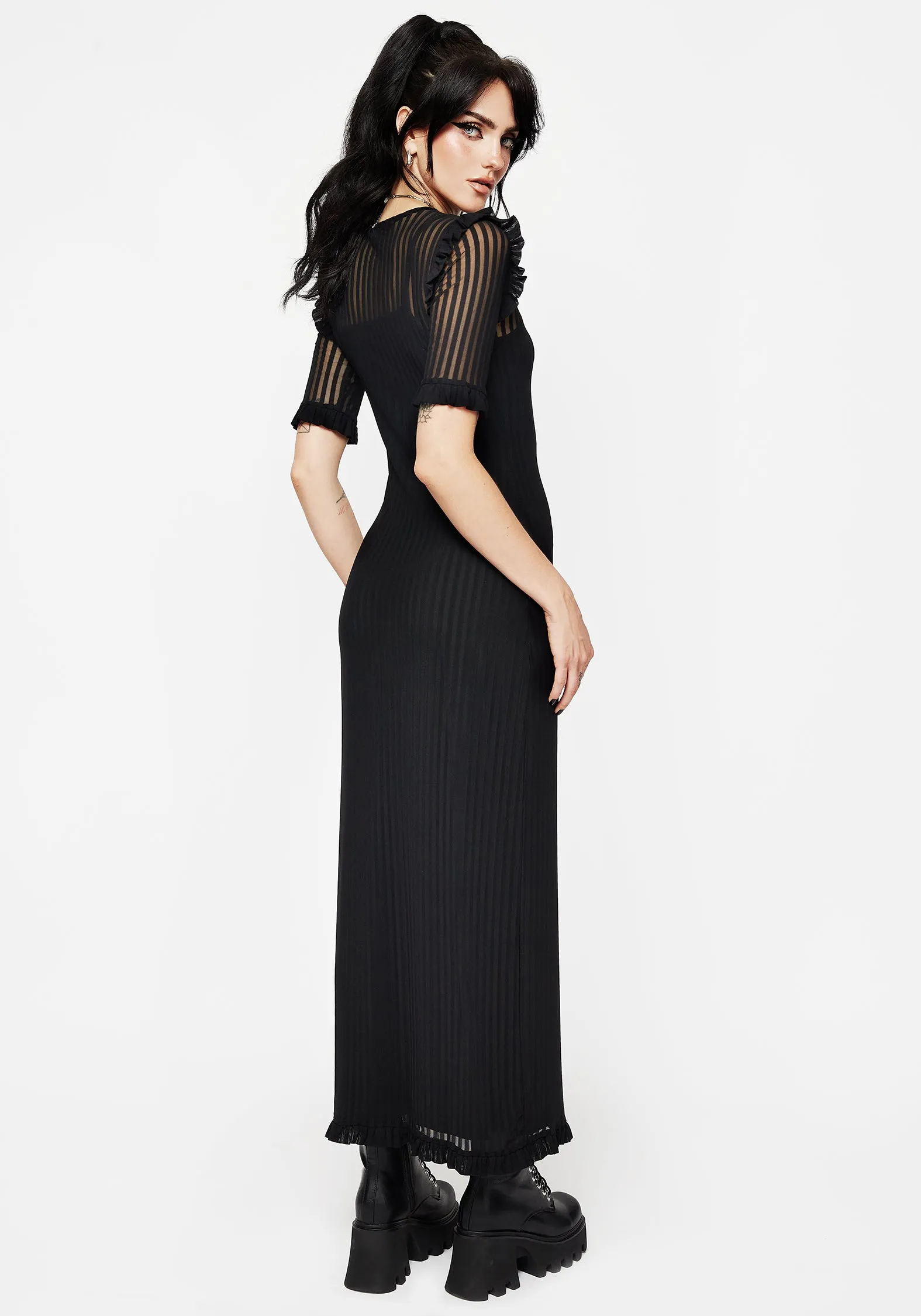 Pink Glow Mourning Ruffle Detail Mesh Short Sleeve Maxi Dress