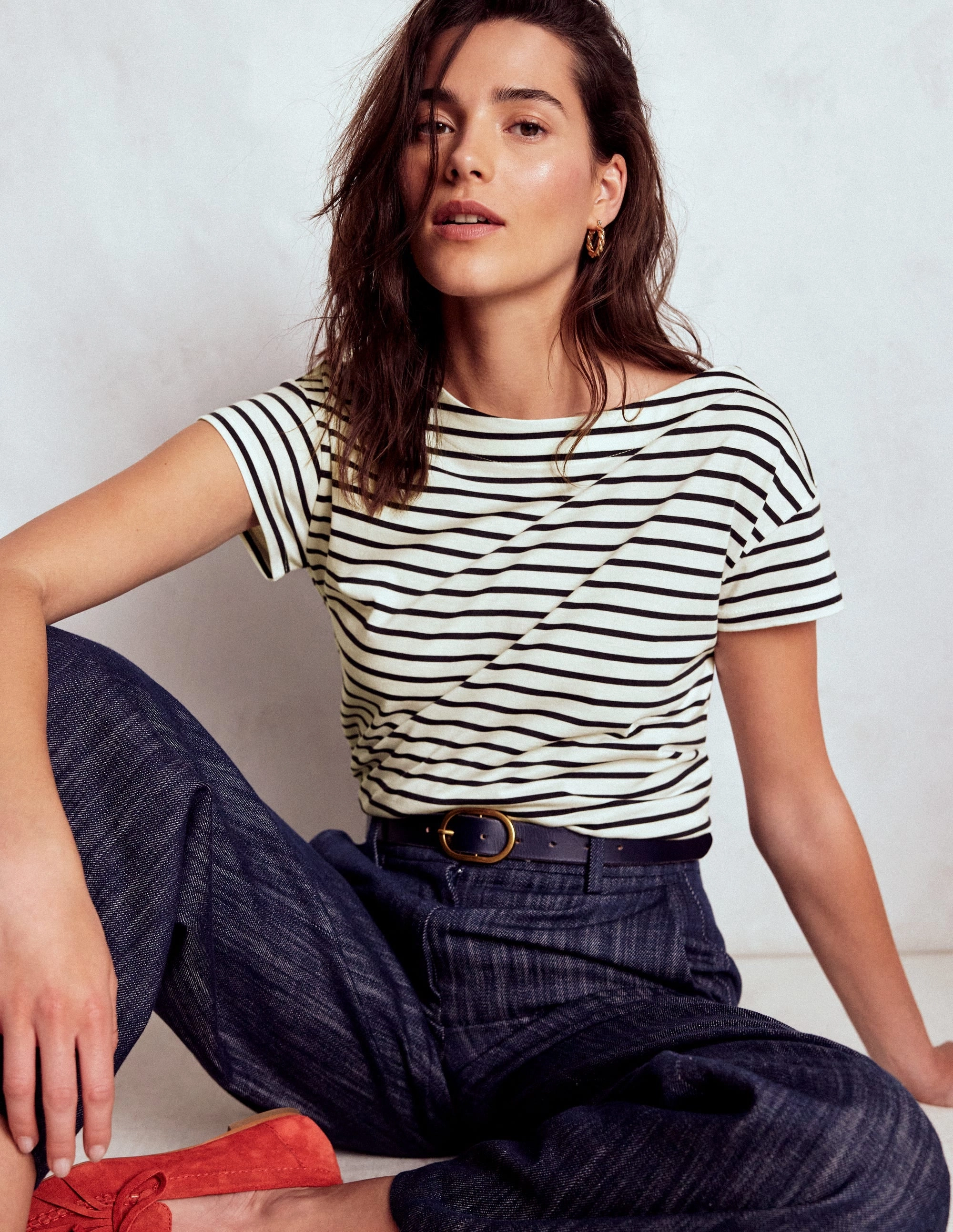 Supersoft Boat Neck T-Shirt-Ivory, Navy Stripe FlexibleNecklineOptions Buttonless Closure AirflowVents