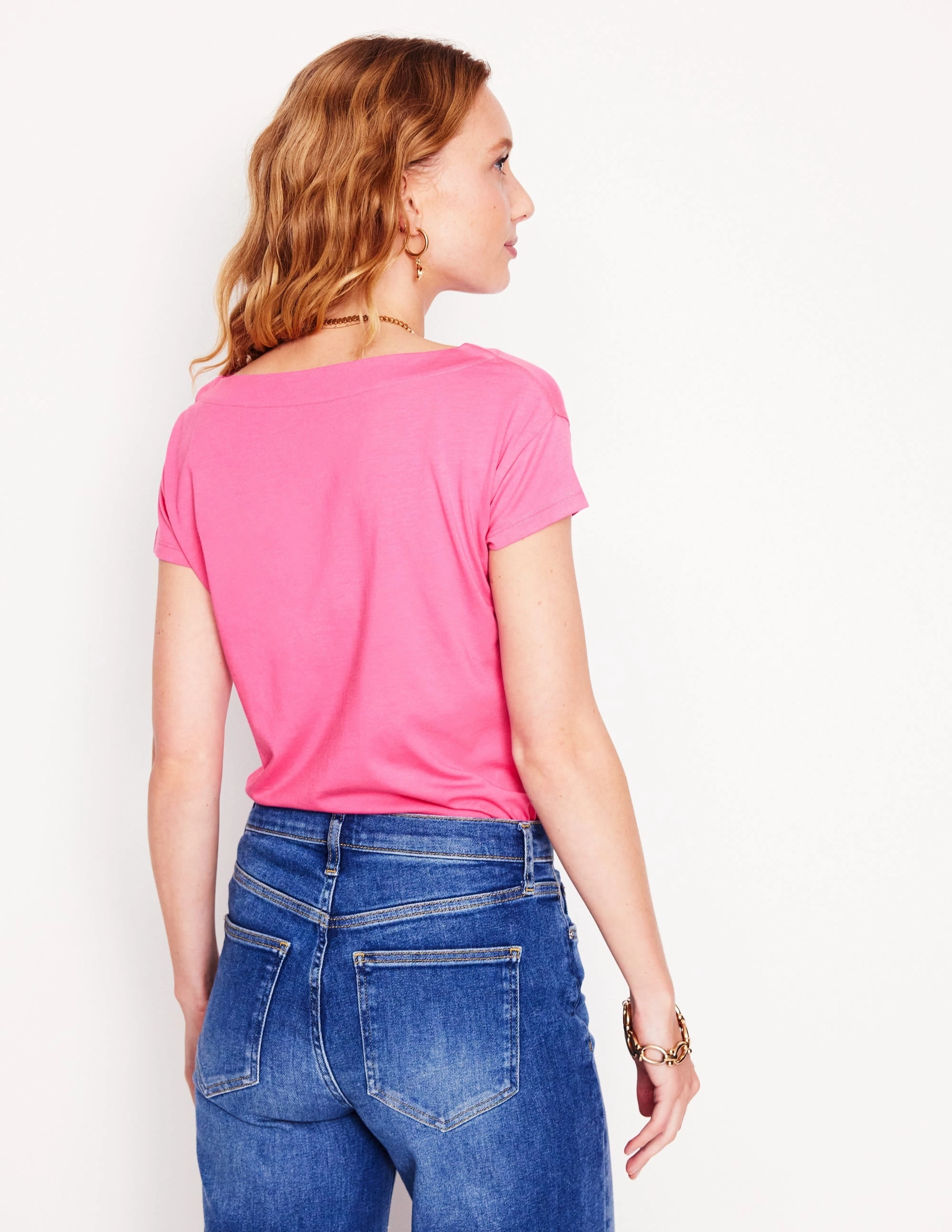 Low Profile Zipper UltraSoftInterior Supersoft Boat Neck T-Shirt-Tickled Pink Low Impact Dye Certification