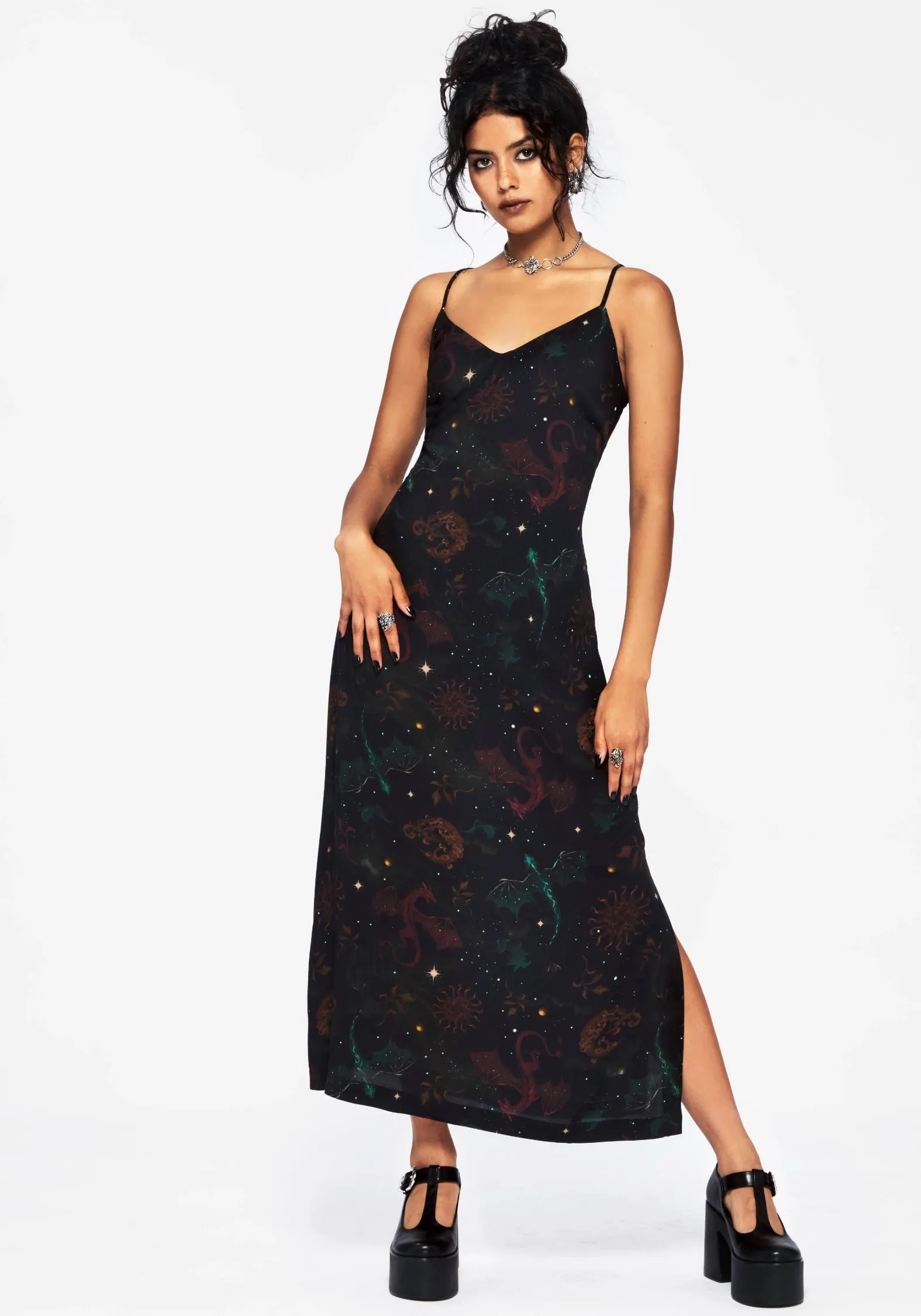 Chic Silhouette Luxe Appeal Phoenix Dragon Printed Cami Midi Dress