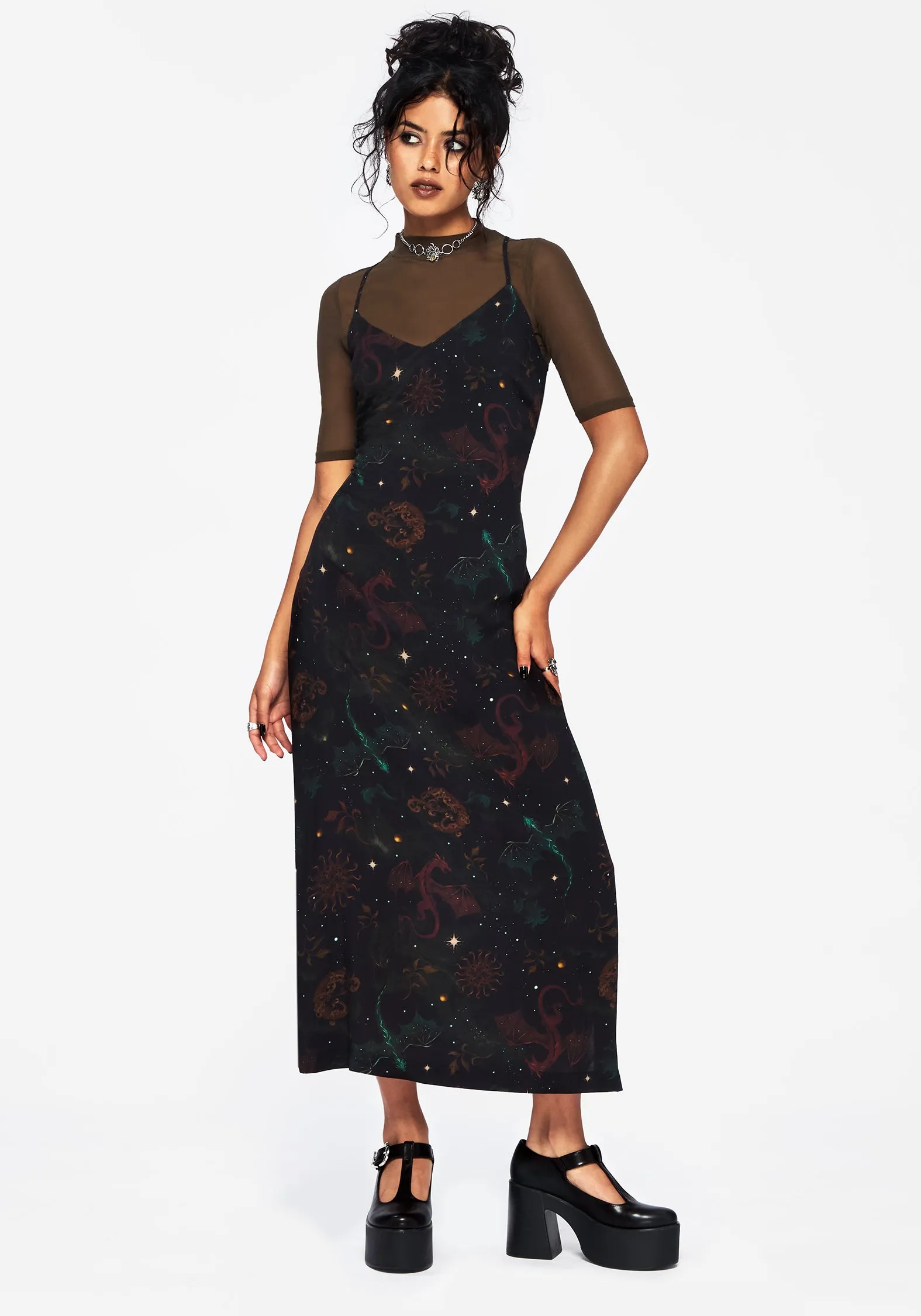 Phoenix Dragon Printed Cami Midi Dress ReversibleStyle Long Sleeve