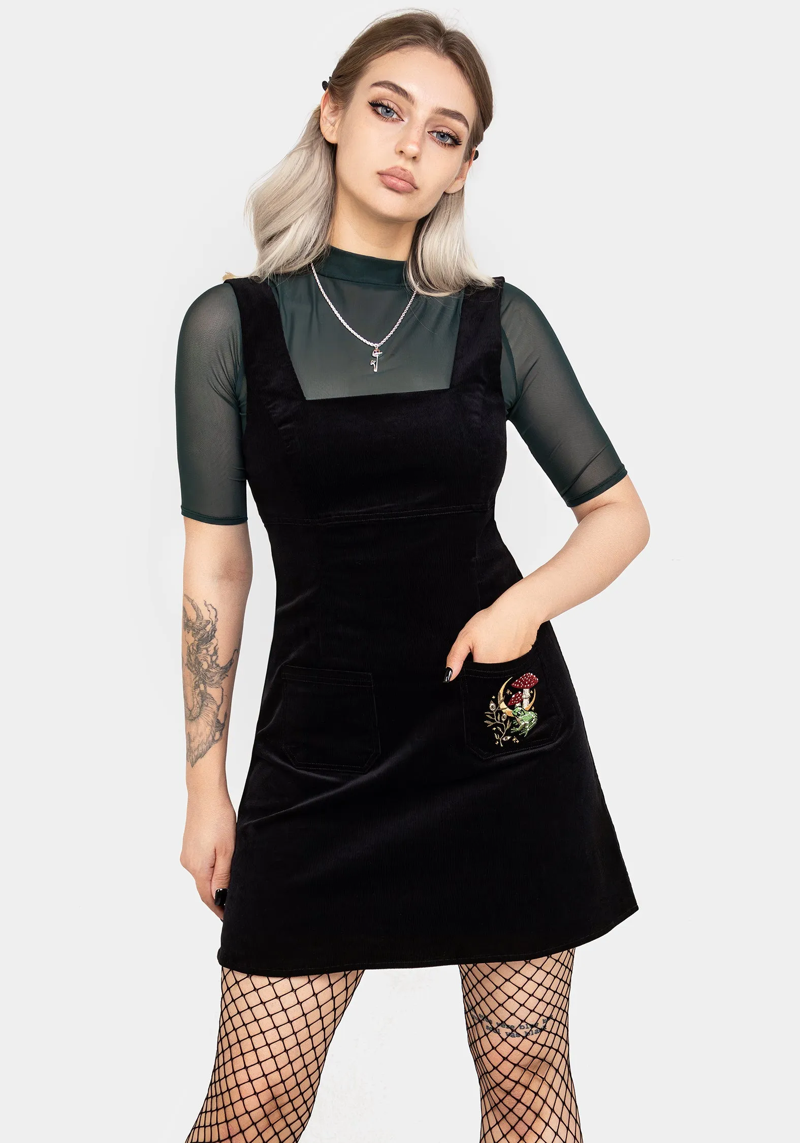 Dropped-Waist Swamplife Embroidered Cord Mini Pinafore Dress