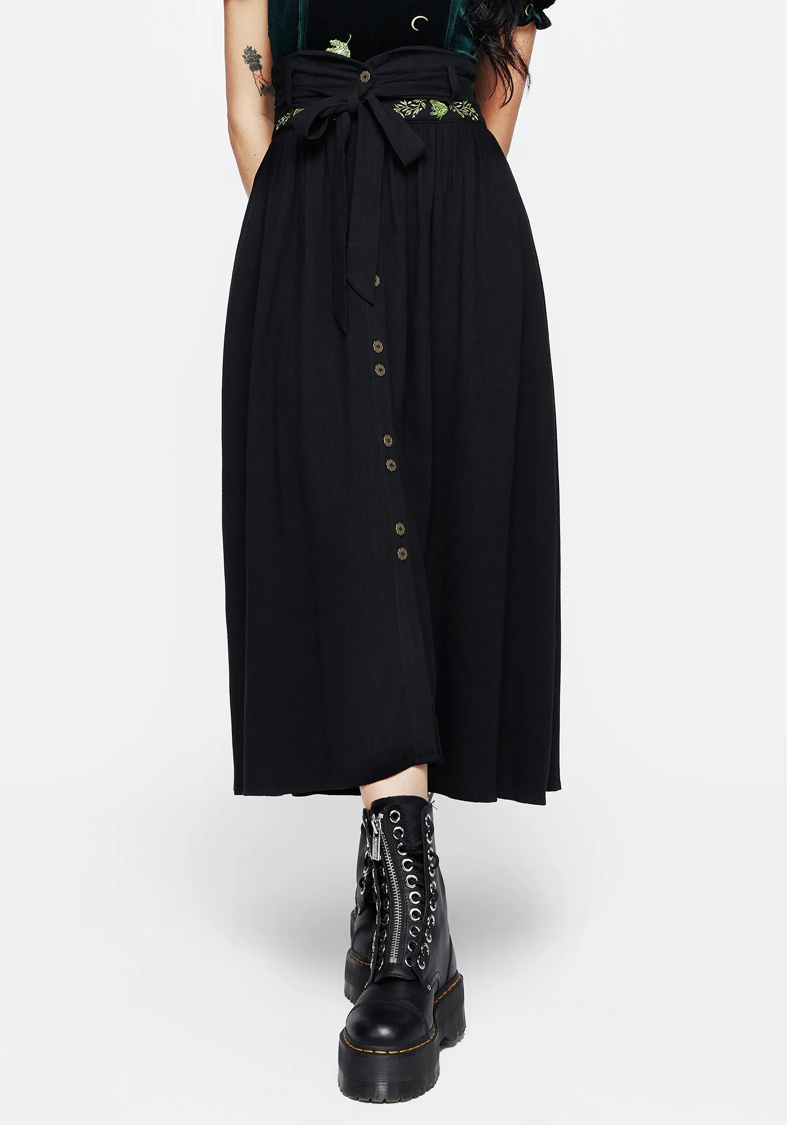 Smart Texture Swamplife Frog Embroidered Linen Blend High Waist Midaxi Skirt
