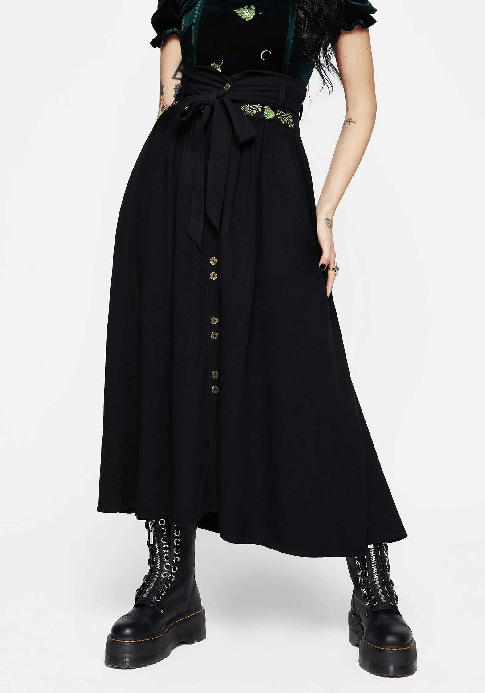 Swamplife Frog Embroidered Linen Blend High Waist Midaxi Skirt understated look