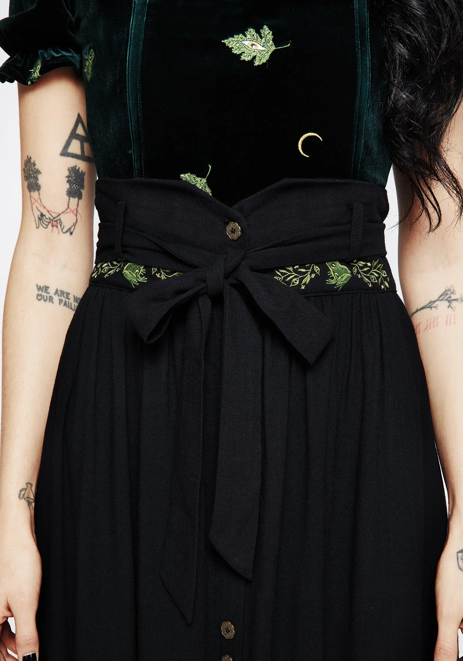 Family Celebration All Day Look Swamplife Frog Embroidered Linen Blend High Waist Midaxi Skirt