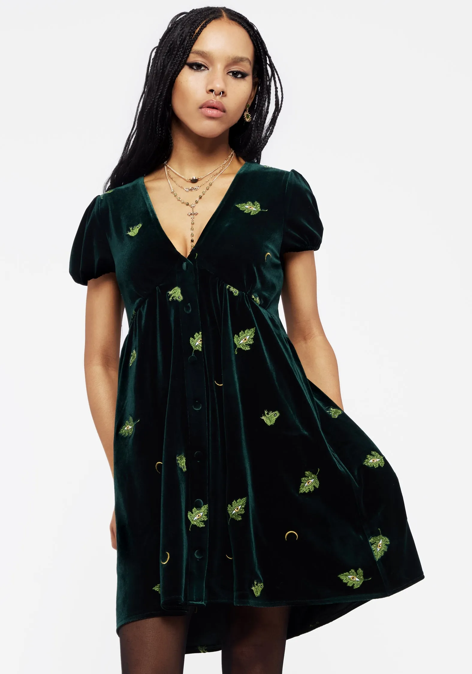Swamplife Frog Embroidered Velour Button Up Mini Dress Flare Swing Comfortable Look