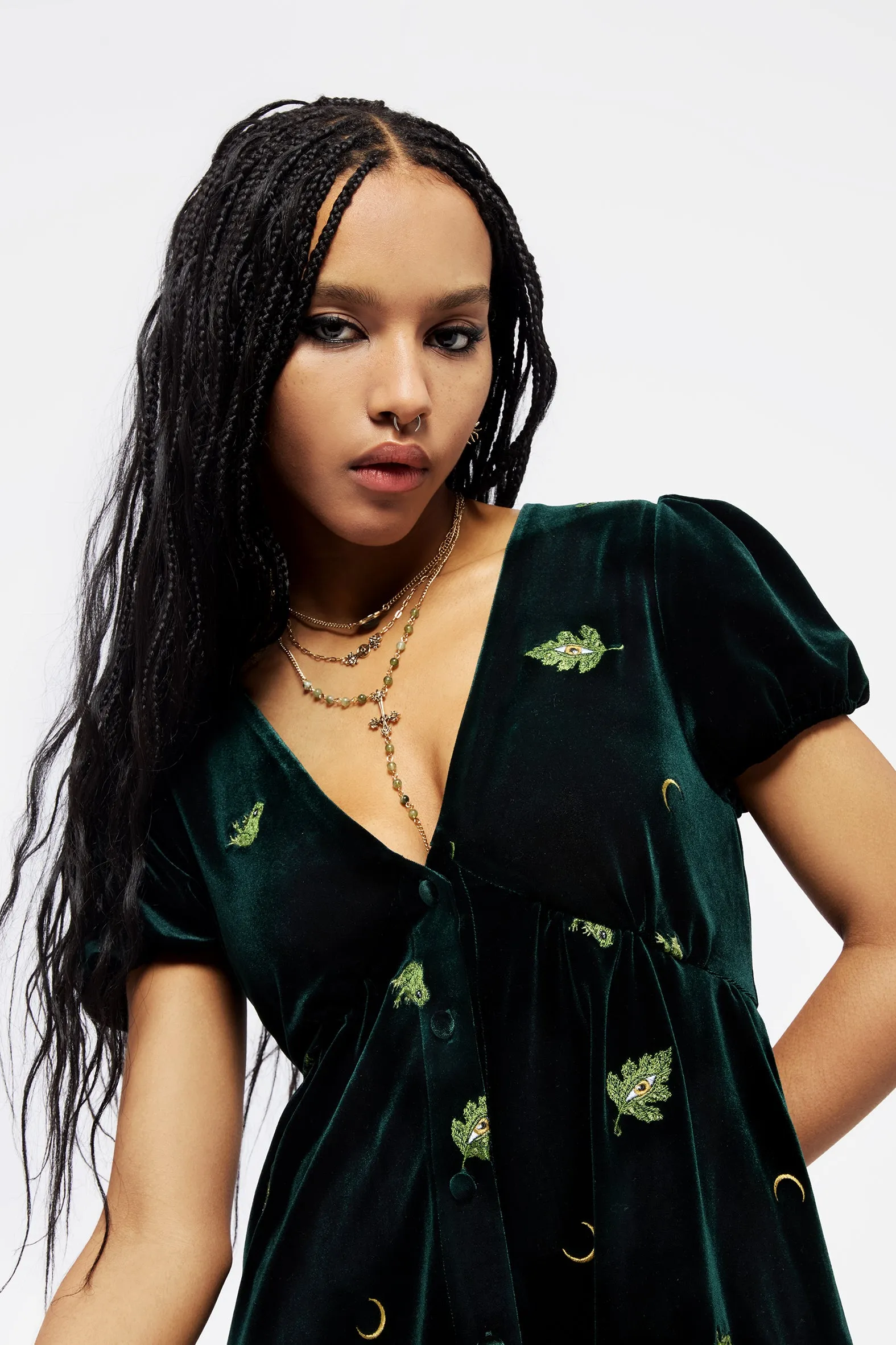 Swamplife Frog Embroidered Velour Button Up Mini Dress Smile Feel