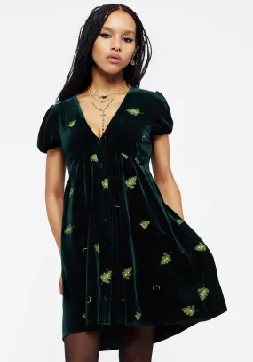 Swamplife Frog Embroidered Velour Button Up Mini Dress Flare Swing Comfortable Look