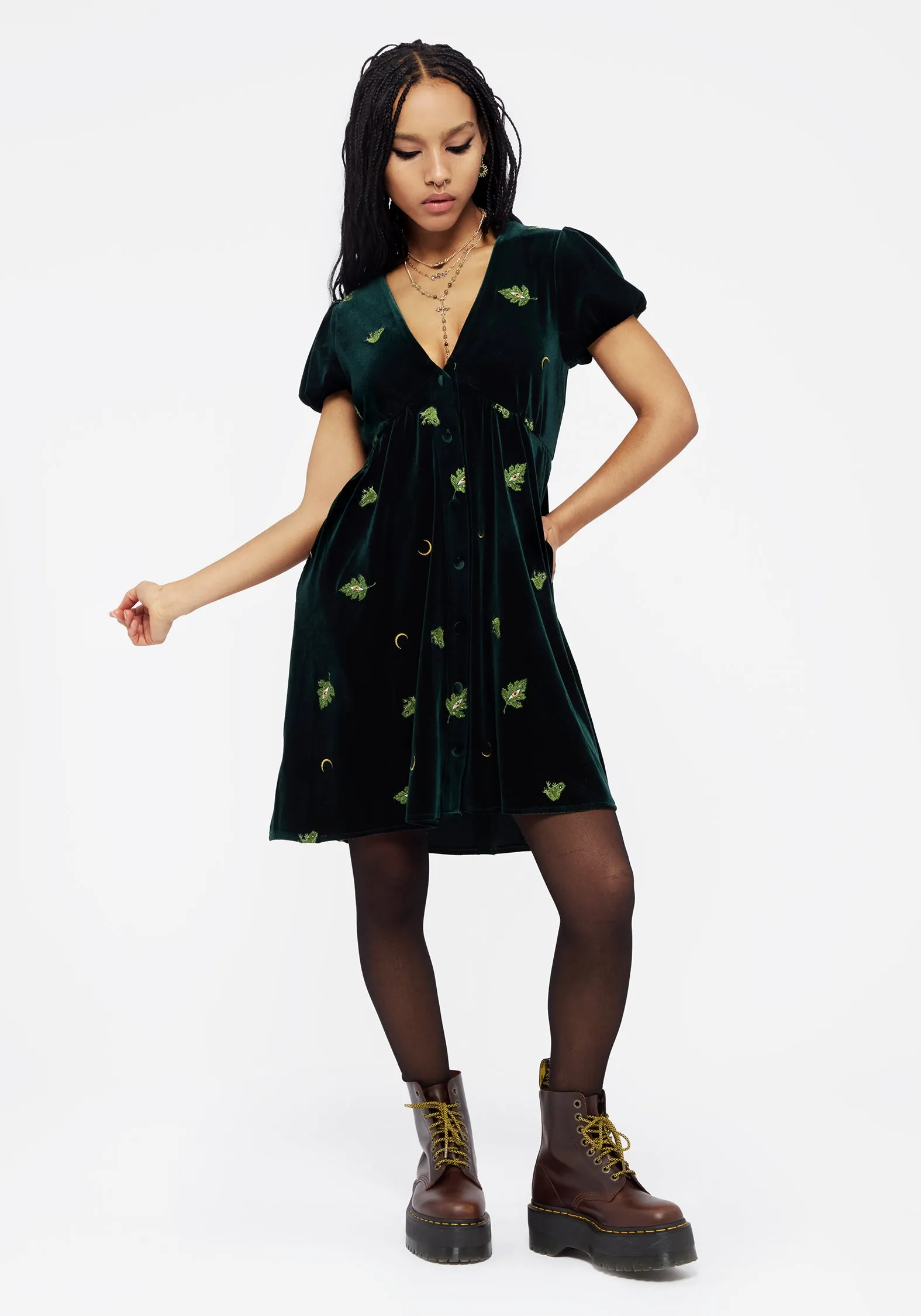 Polished Fit Swamplife Frog Embroidered Velour Button Up Mini Dress