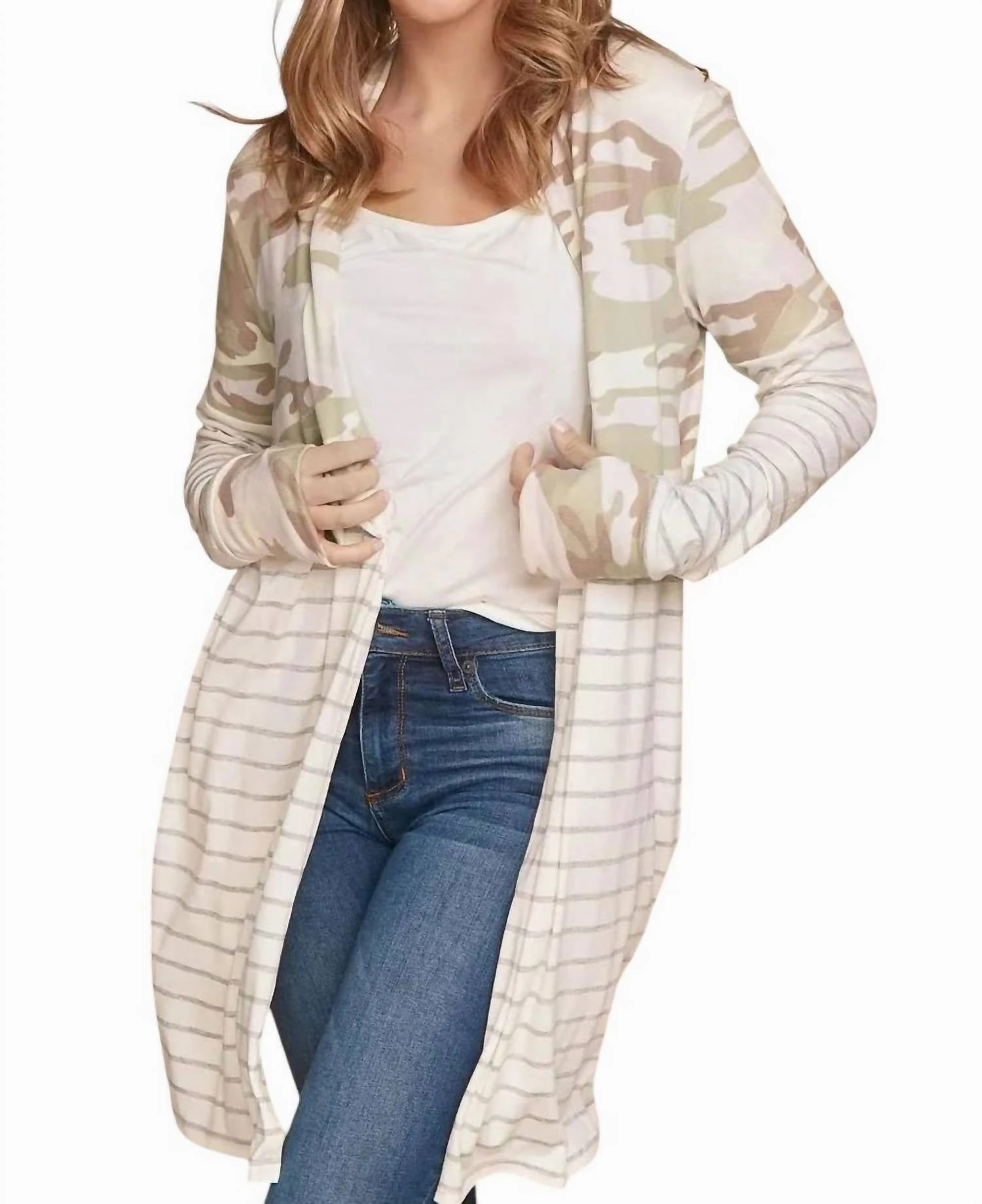 Open Cardigan In Camo Stripe Seamless Construction Design