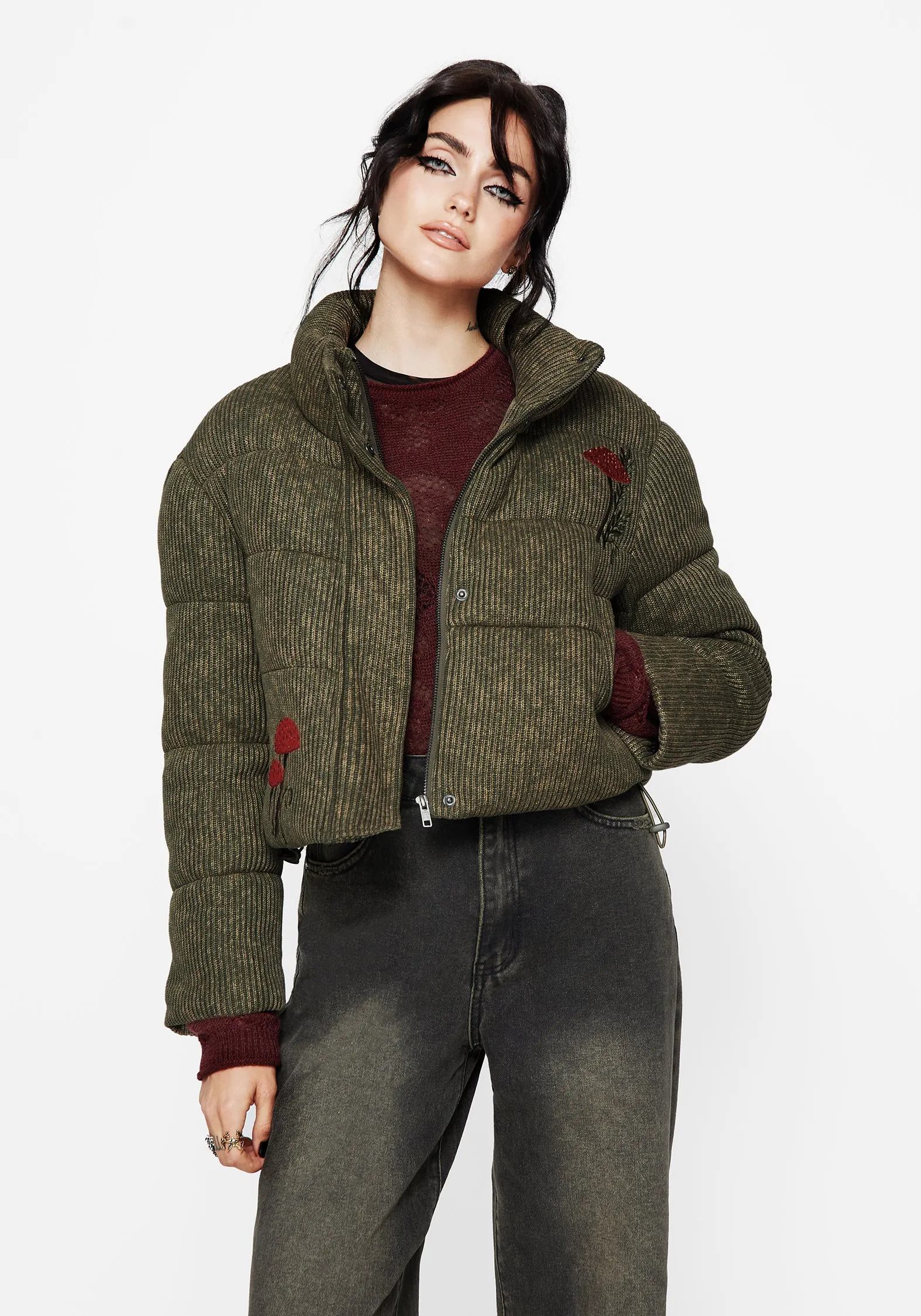Sylvia Embroidered Knit Bomber Jacket Stylish Outer Layer Detachable Layer