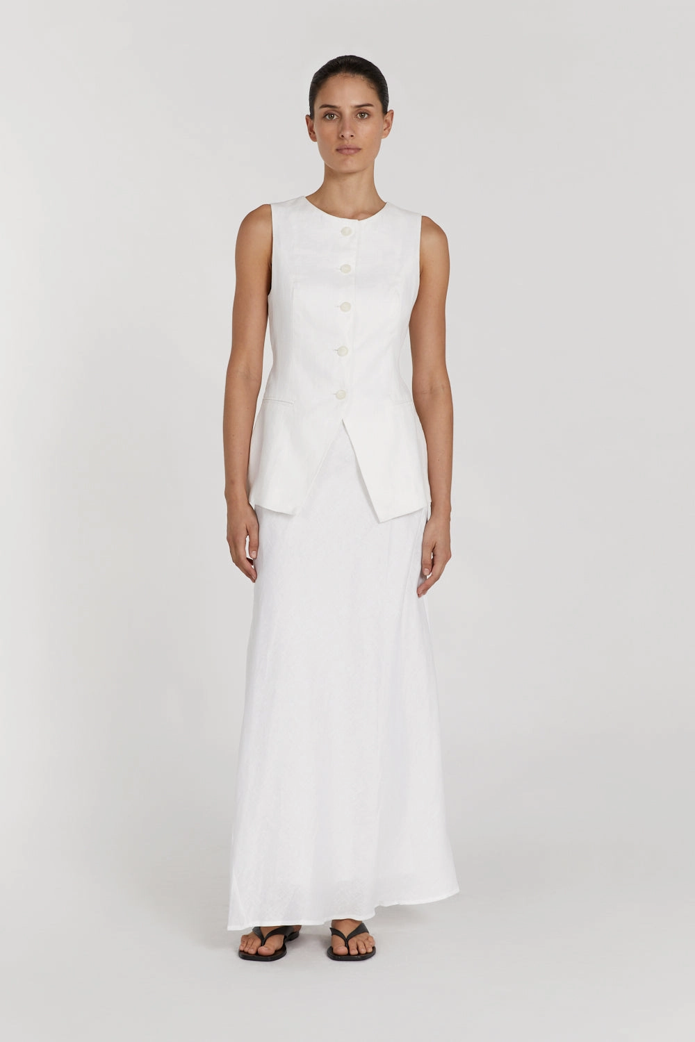 High Rise Maximalist look SYRAH WHITE LINEN MIDI SKIRT