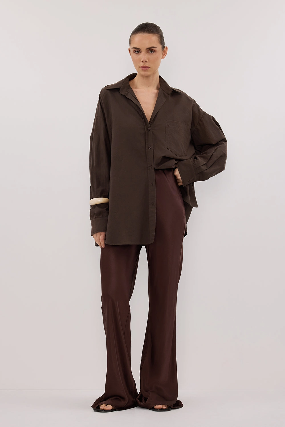 NIKKI BITTER CHOC SATIN BIAS PANT ReinforcedBeltLoops