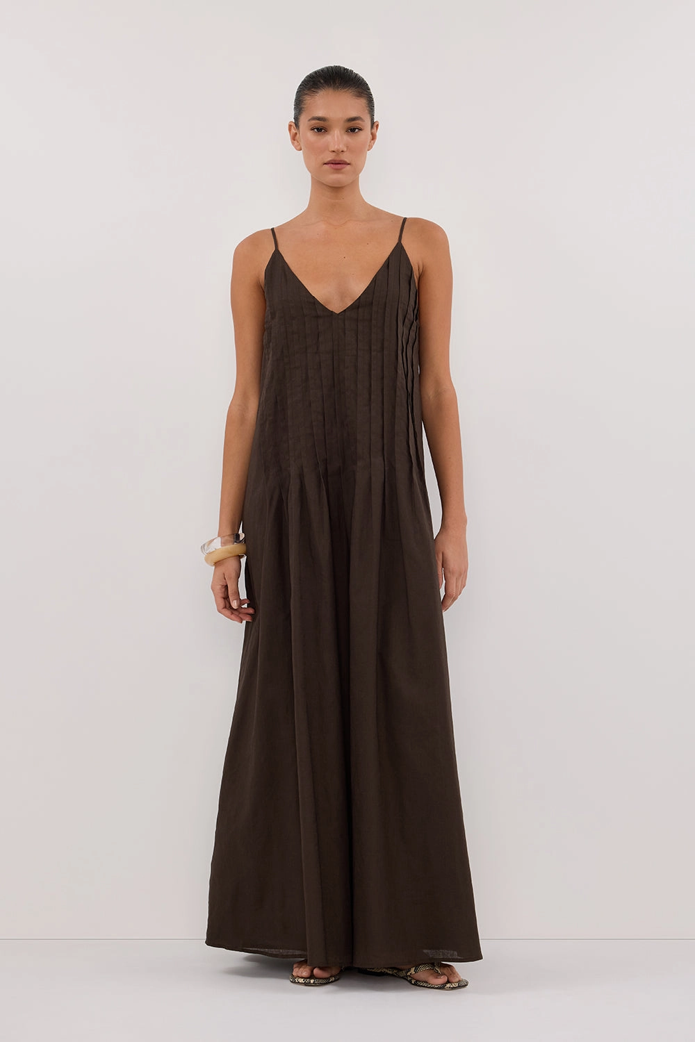 QuickDryTechnology Office Smart TAHLIA BITTER CHOC LINEN BLEND MAXI DRESS