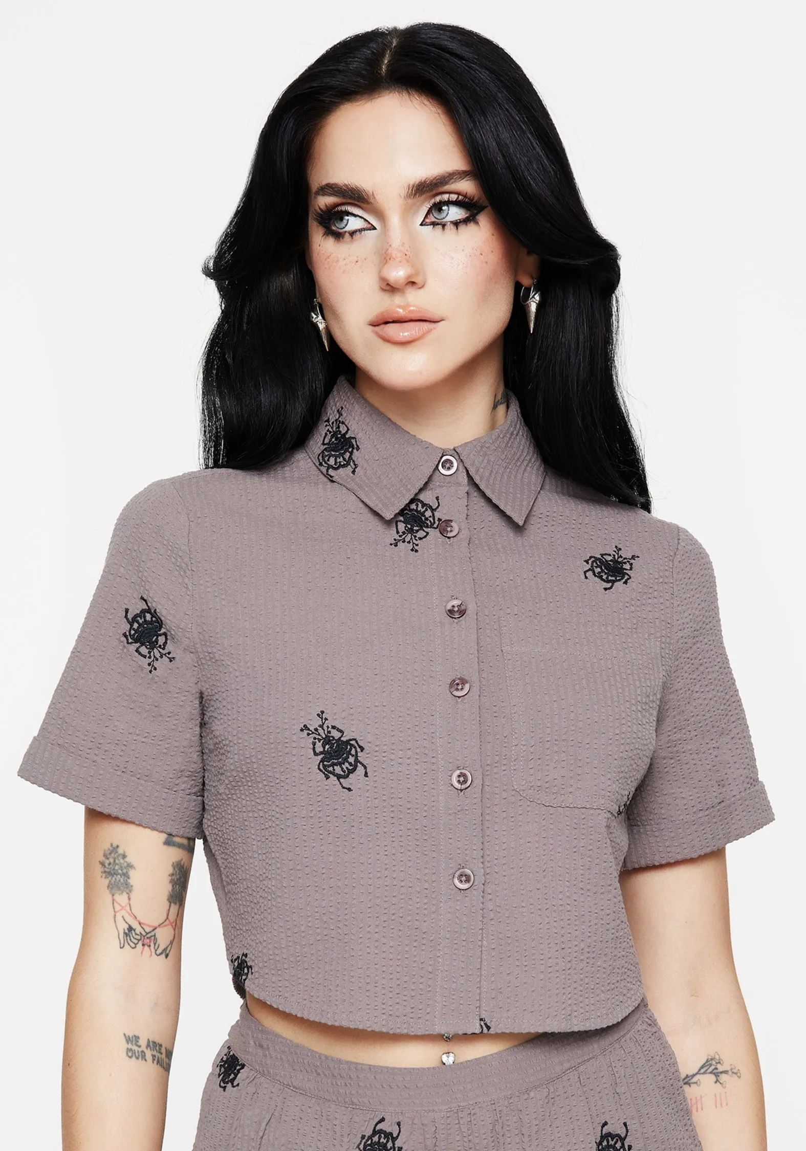 Multipocket Style Stag Beetle Embroidered Button Up Shirt