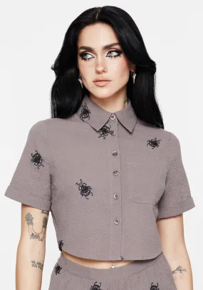Multipocket Style Stag Beetle Embroidered Button Up Shirt