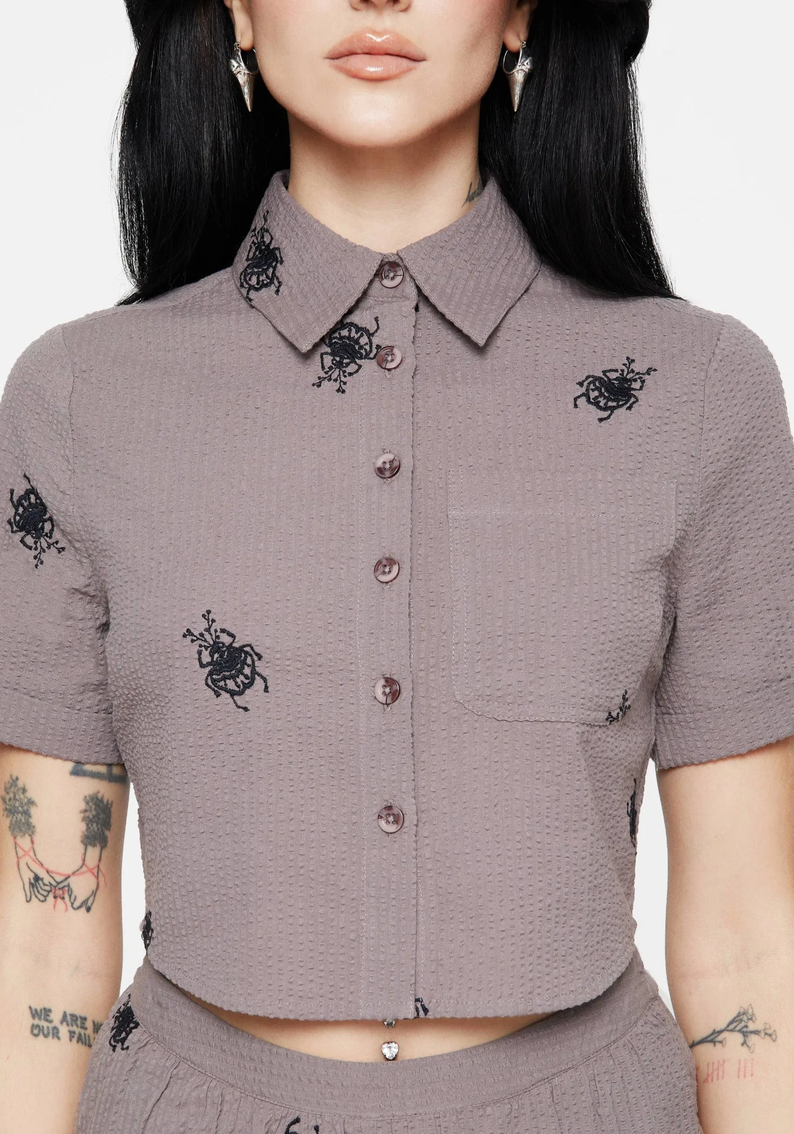 Stag Beetle Embroidered Button Up Shirt Versatile Design Outerwear Companion